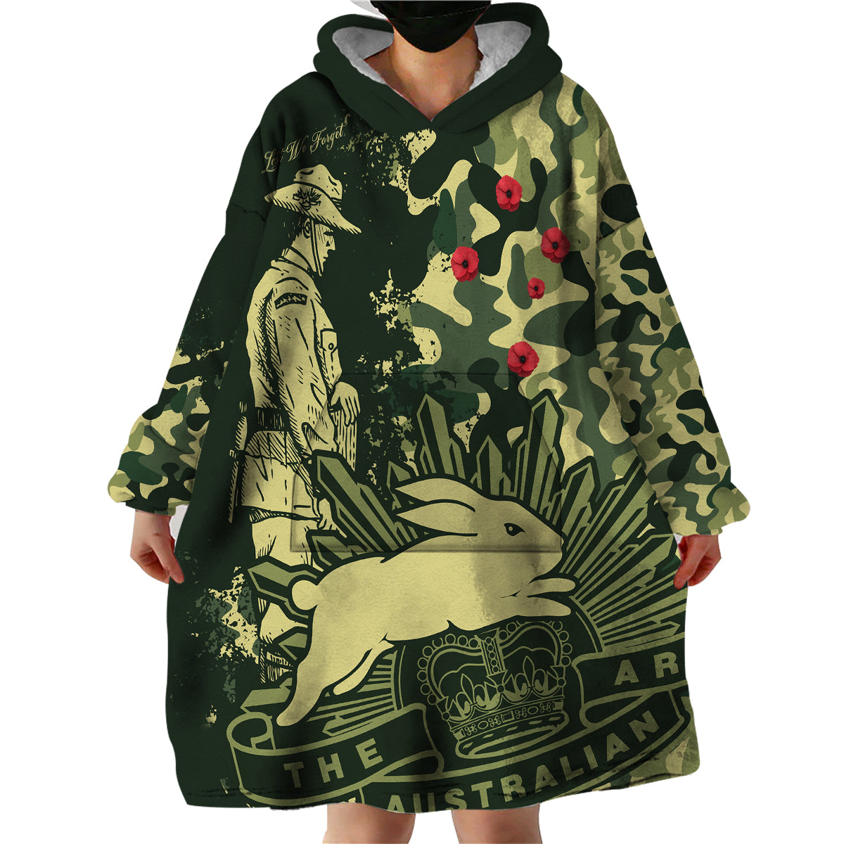 (Custom Text And Number) NRL ANZAC 2023 Rabbitohs Wearable Blanket Hoodie Camouflage - Vibe Hoodie Shop