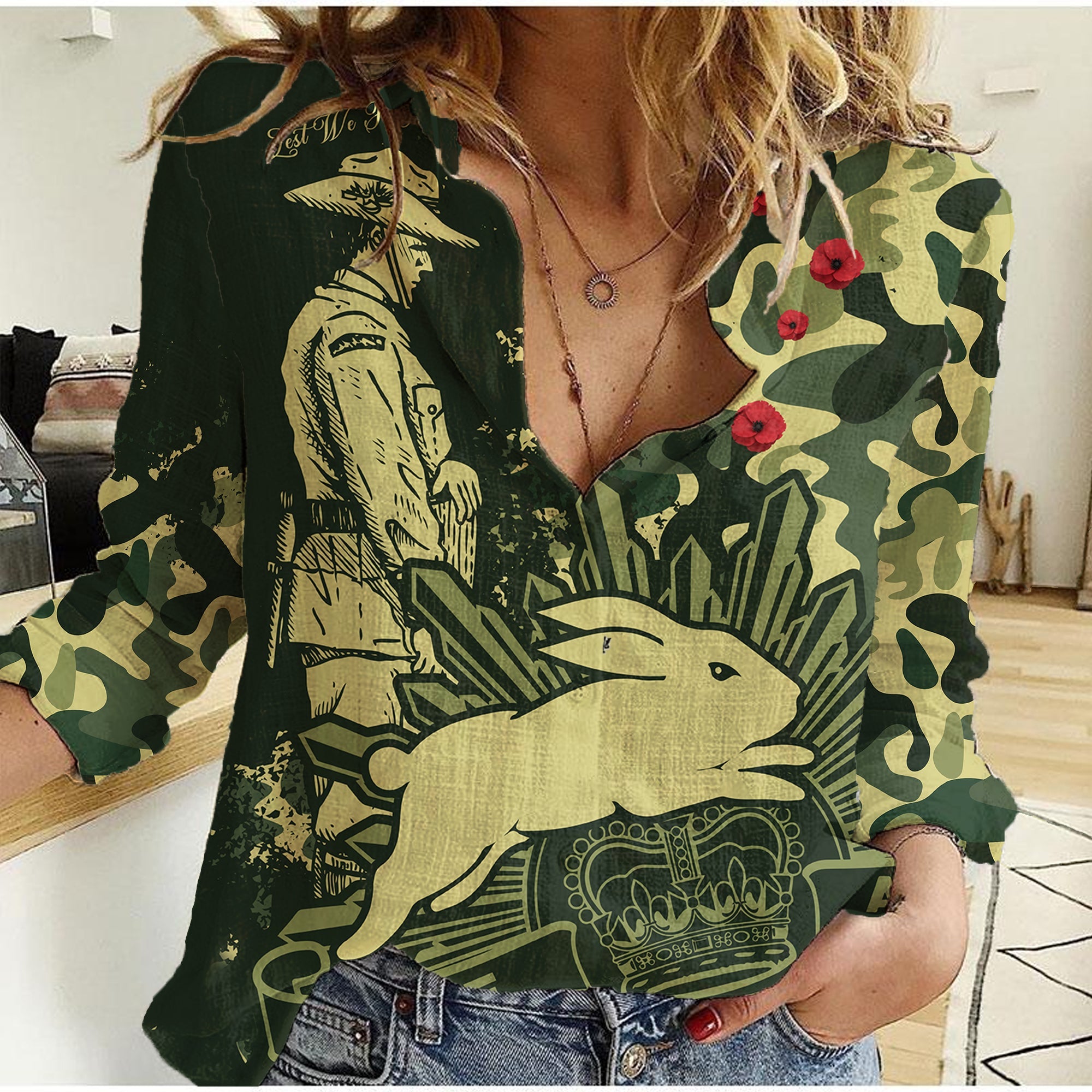 (Custom Text And Number) NRL ANZAC 2023 Rabbitohs Women Casual Shirt Camouflage - Vibe Hoodie Shop