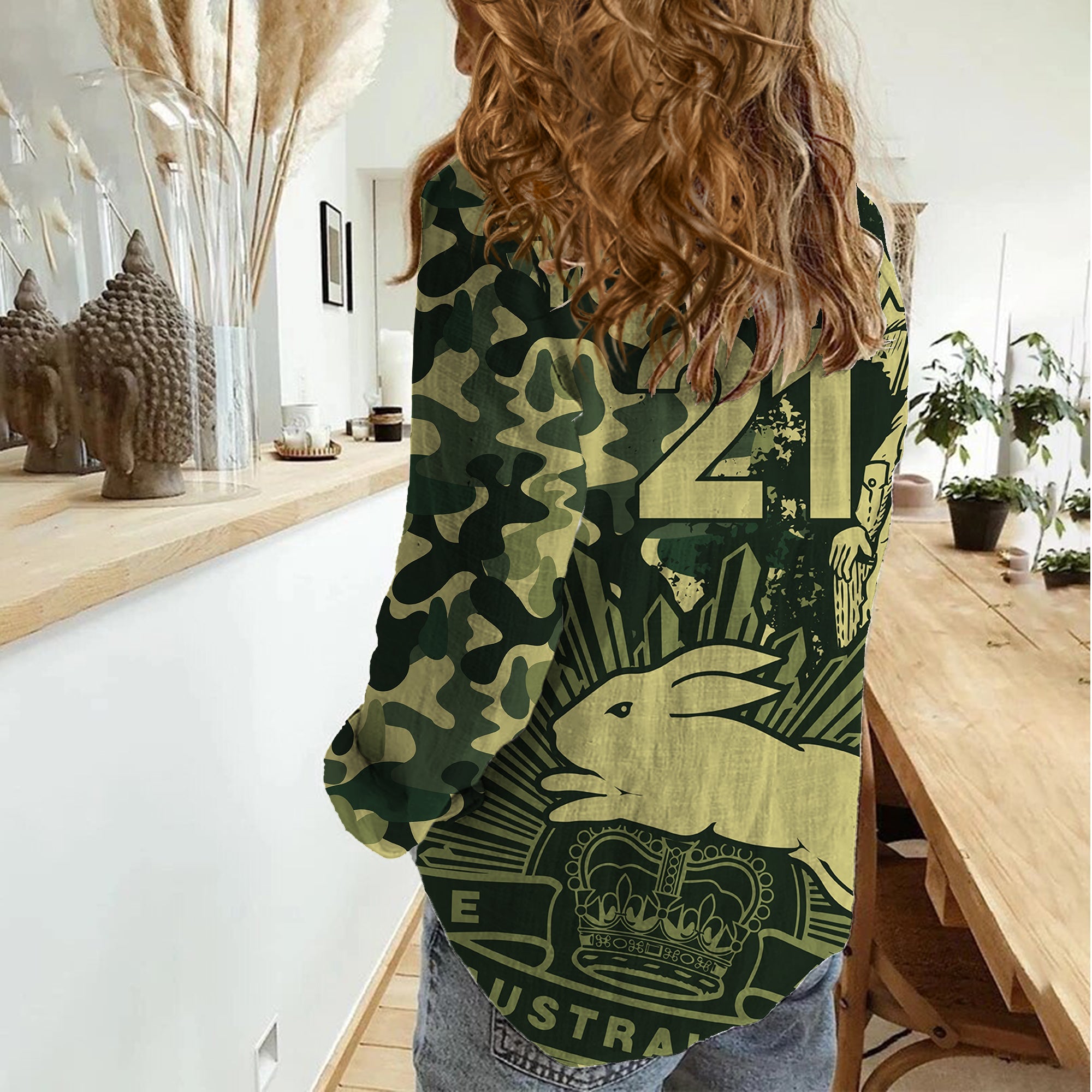 (Custom Text And Number) NRL ANZAC 2023 Rabbitohs Women Casual Shirt Camouflage - Vibe Hoodie Shop