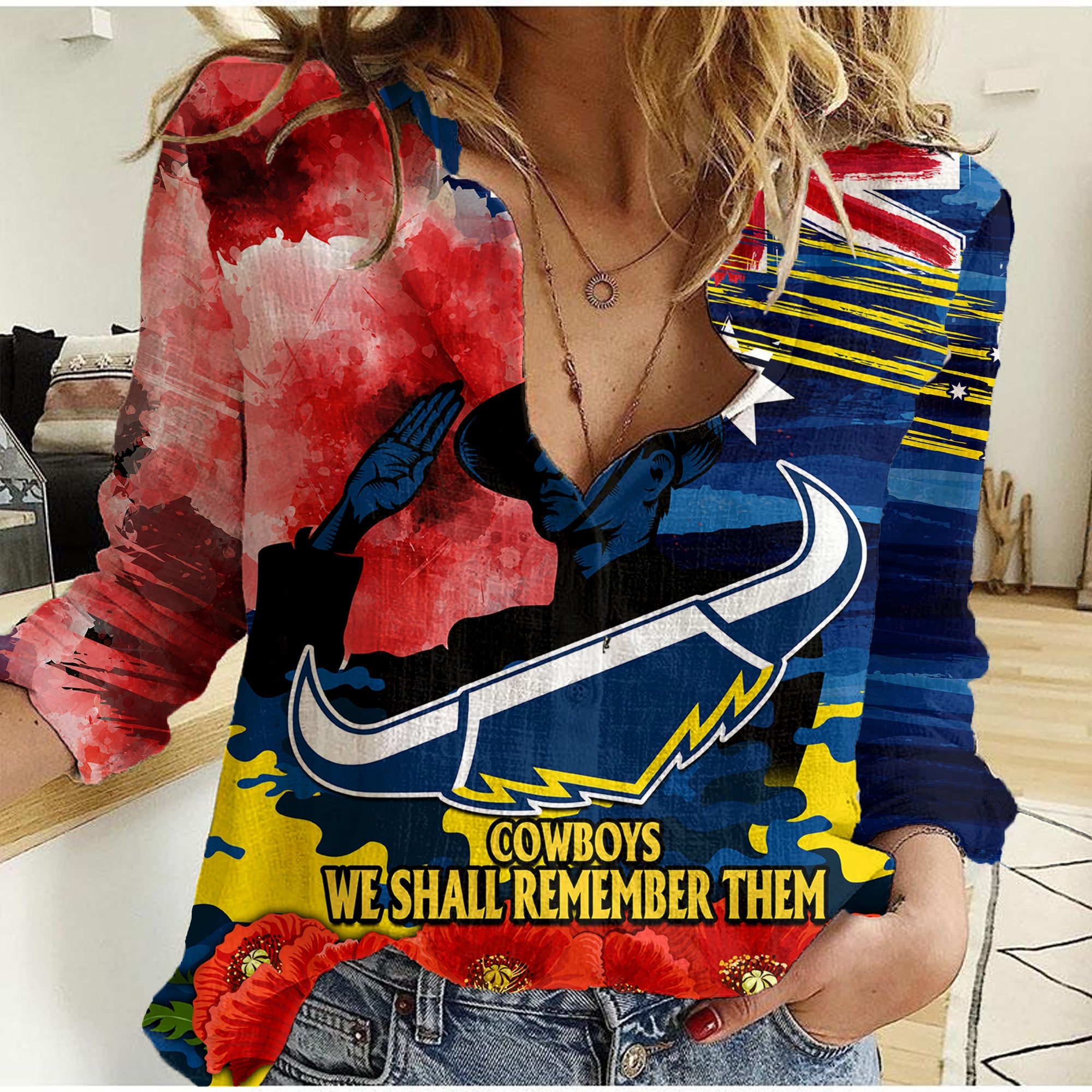 ANZAC Cowboys Rugby Women Casual Shirt We Shall Remember - Vibe Hoodie Shop