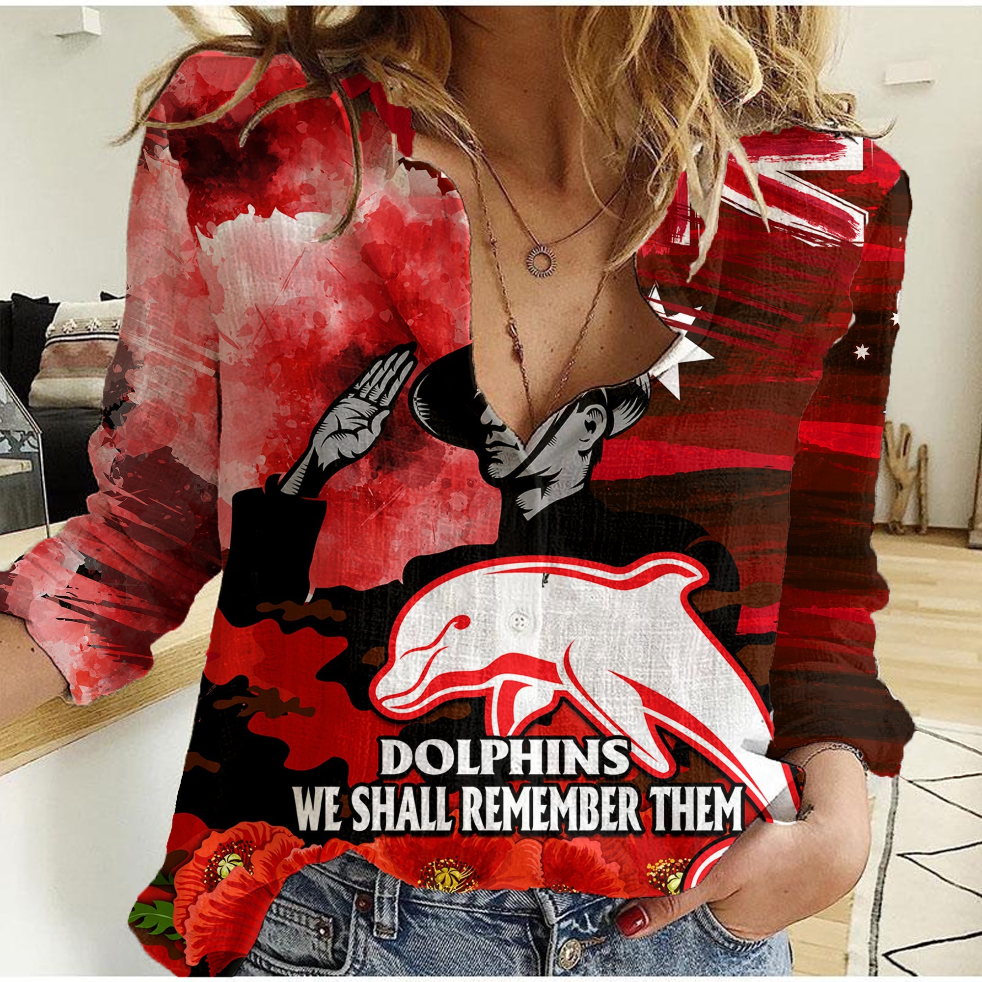 ANZAC Dolphins Rugby Women Casual Shirt We Shall Remember - Vibe Hoodie Shop