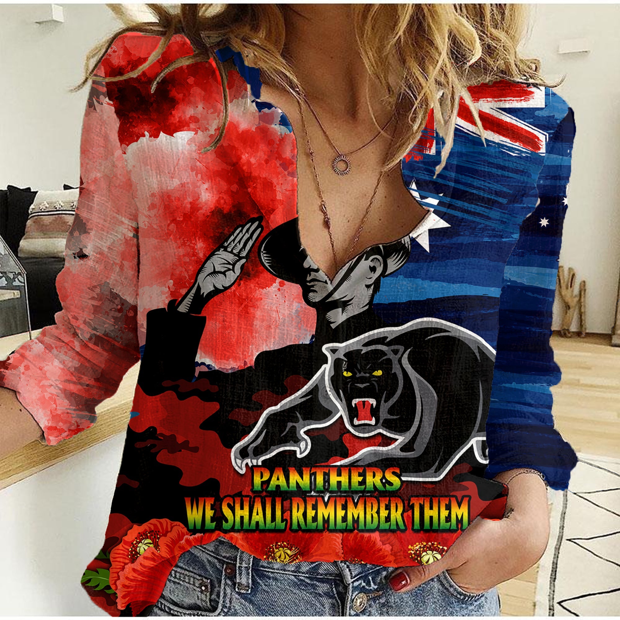 ANZAC Panthers Rugby Women Casual Shirt We Shall Remember - Vibe Hoodie Shop
