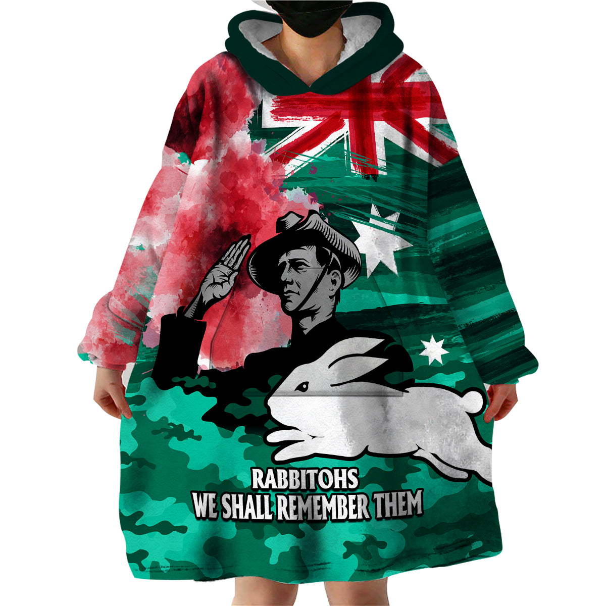 ANZAC Rabbitohs Rugby Wearable Blanket Hoodie We Shall Remember - Vibe Hoodie Shop