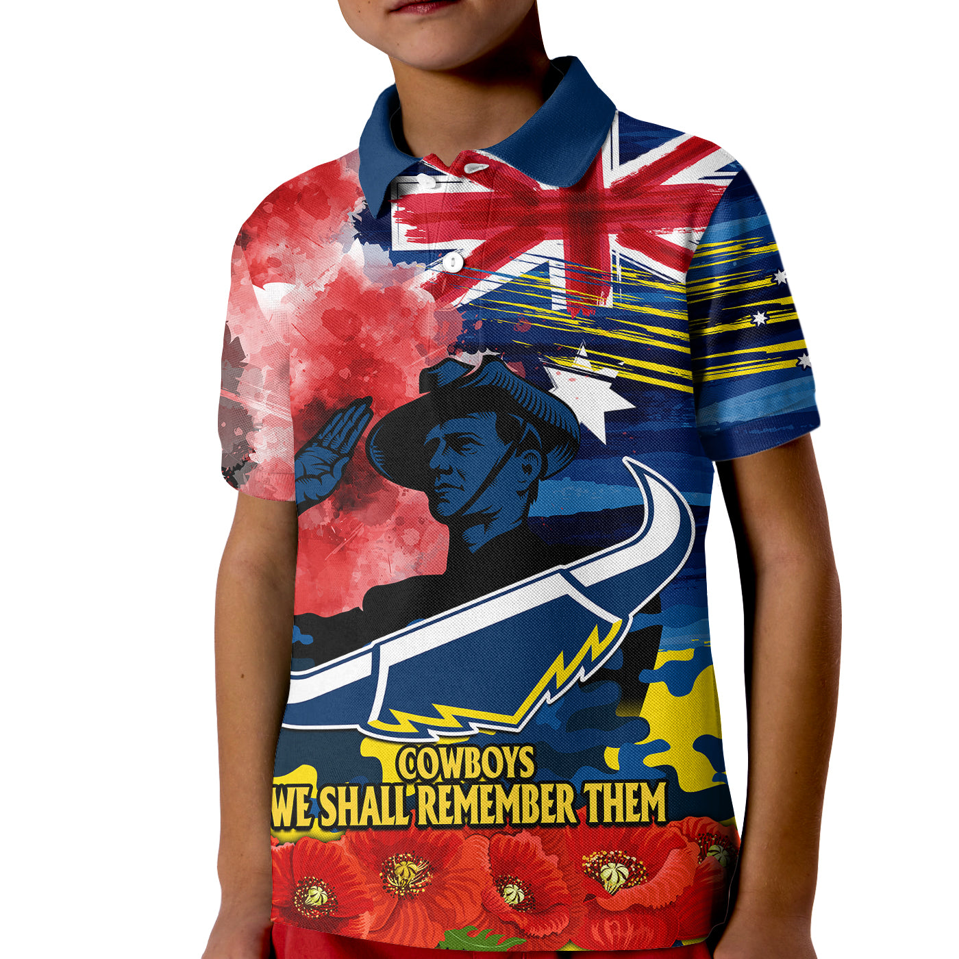 (Custom Personalised) ANZAC Cowboys Rugby Kid Polo Shirt We Shall Remember - Vibe Hoodie Shop