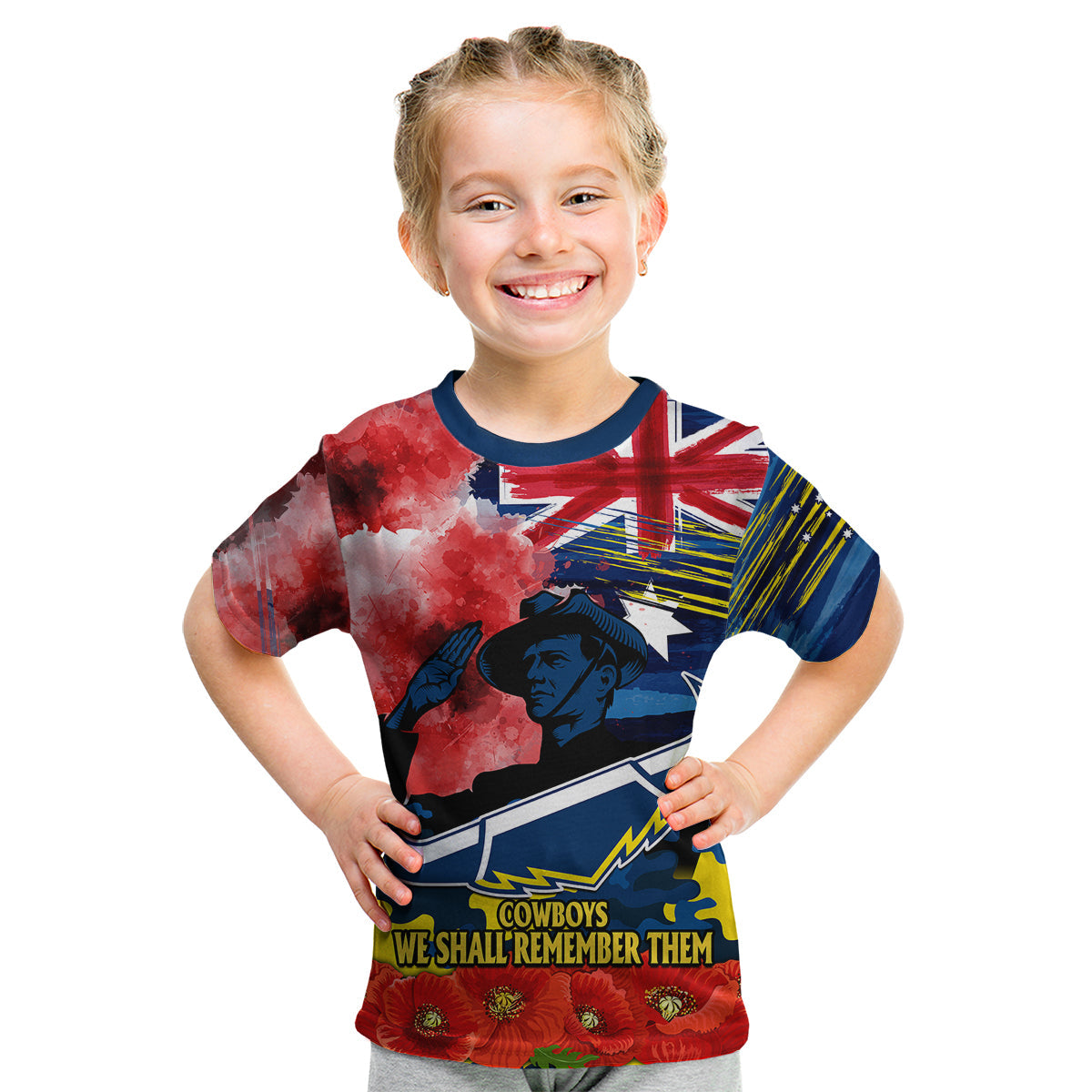 (Custom Personalised) ANZAC Cowboys Rugby Kid T Shirt We Shall Remember - Vibe Hoodie Shop