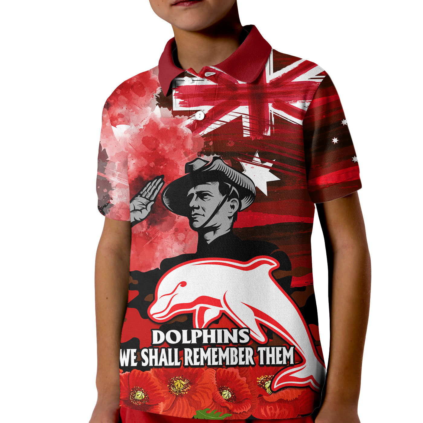 (Custom Personalised) ANZAC Dolphins Rugby Kid Polo Shirt We Shall Remember - Vibe Hoodie Shop