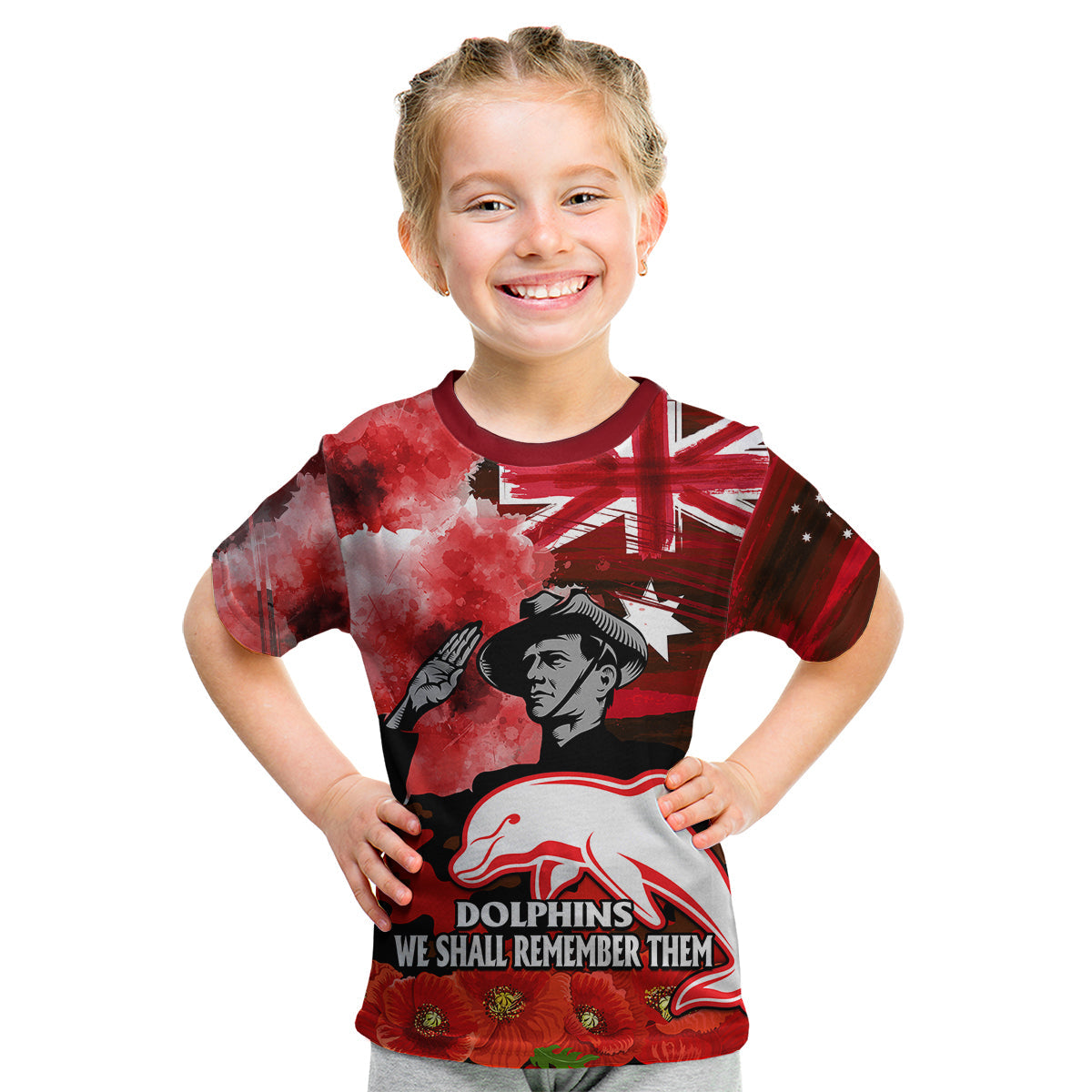 (Custom Personalised) ANZAC Dolphins Rugby Kid T Shirt We Shall Remember - Vibe Hoodie Shop