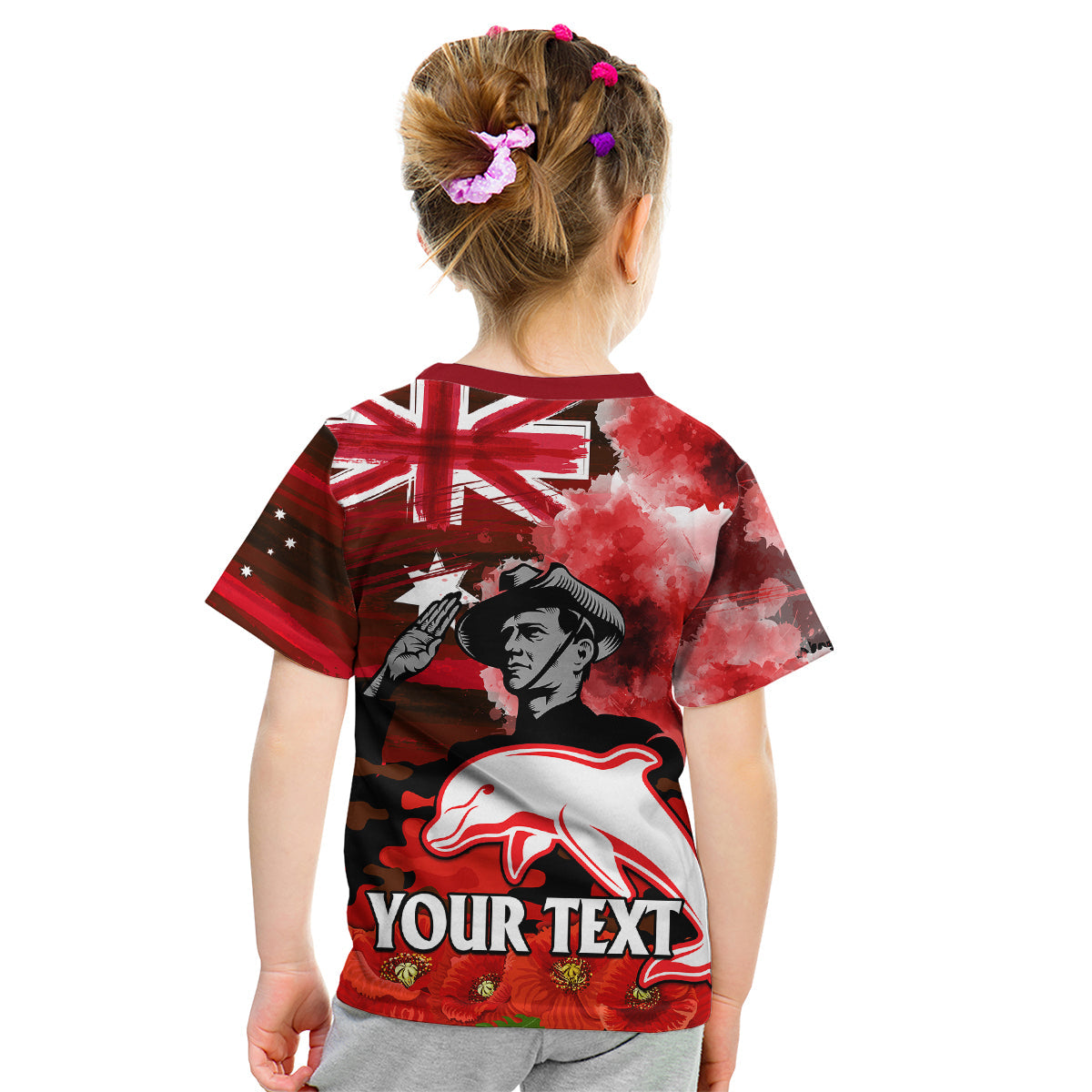 (Custom Personalised) ANZAC Dolphins Rugby Kid T Shirt We Shall Remember - Vibe Hoodie Shop