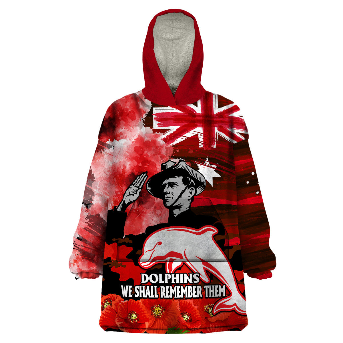 (Custom Personalised) ANZAC Dolphins Rugby Wearable Blanket Hoodie We Shall Remember - Vibe Hoodie Shop