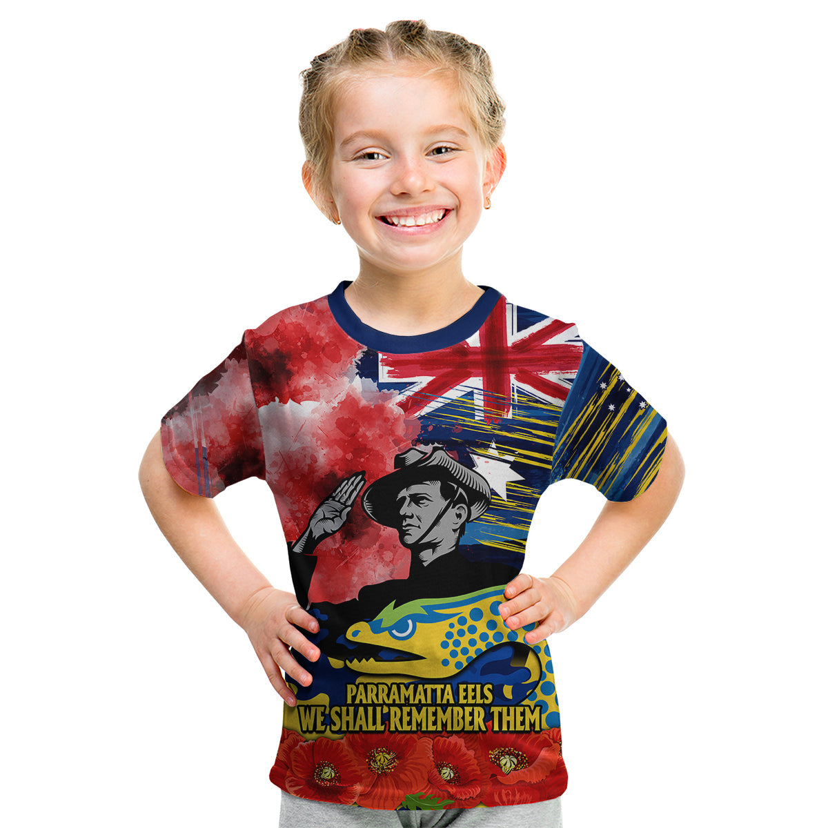 (Custom Personalised) ANZAC Eels Rugby Kid T Shirt We Shall Remember - Vibe Hoodie Shop