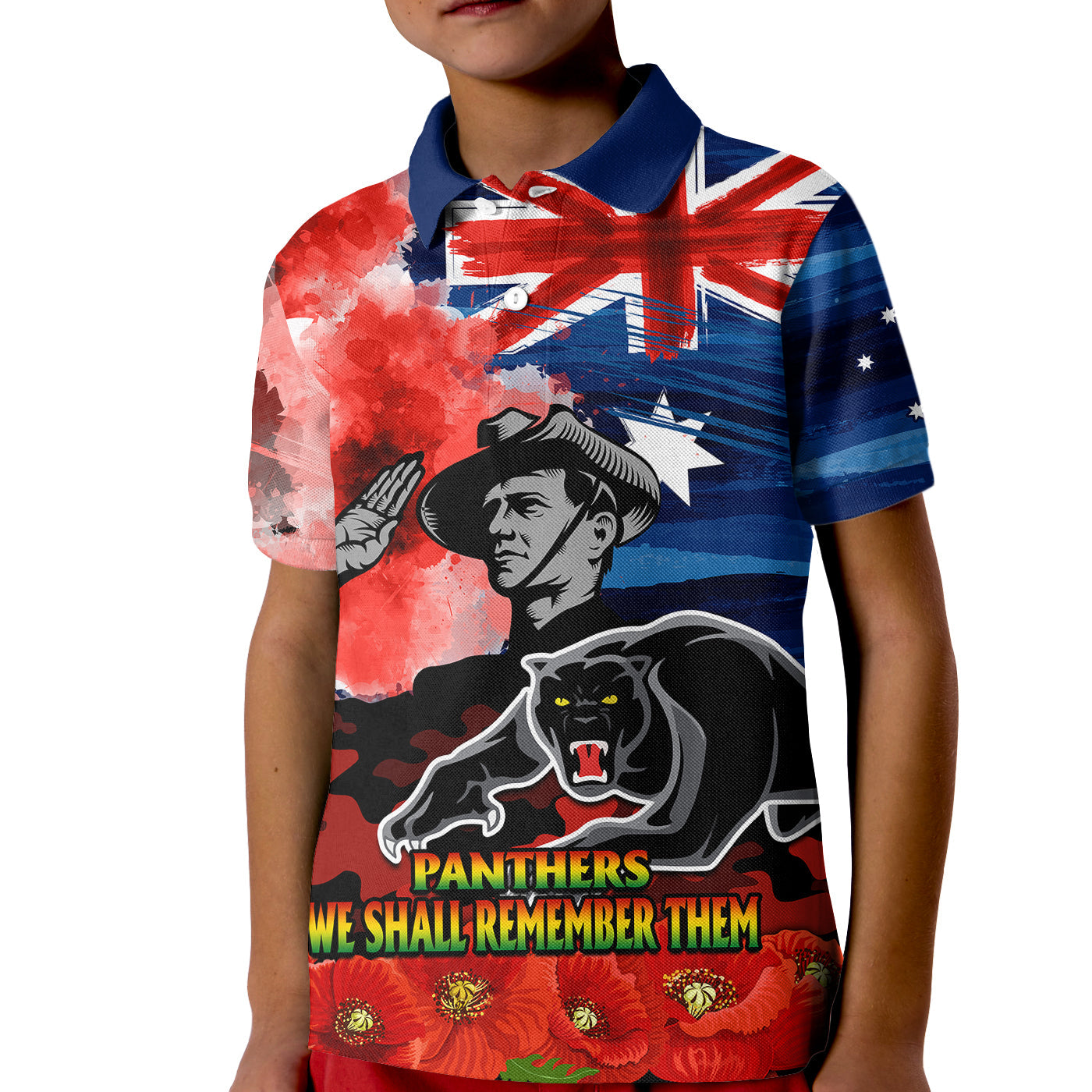 (Custom Personalised) ANZAC Panthers Rugby Kid Polo Shirt We Shall Remember - Vibe Hoodie Shop