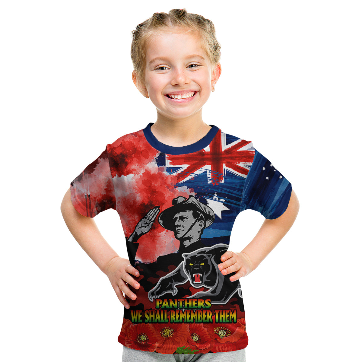 (Custom Personalised) ANZAC Panthers Rugby Kid T Shirt We Shall Remember - Vibe Hoodie Shop