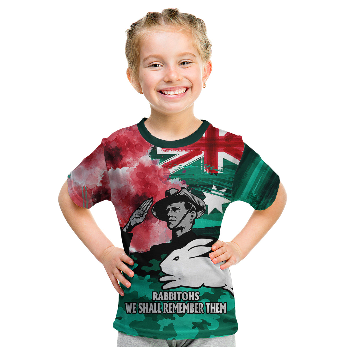 (Custom Personalised) ANZAC Rabbitohs Rugby Kid T Shirt We Shall Remember - Vibe Hoodie Shop