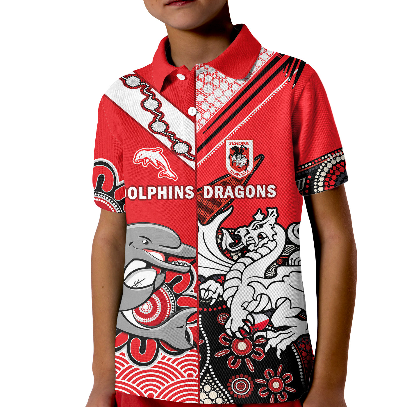 (Custom Text And Number) Dolphins And Dragons Rugby Kid Polo Shirt Together Indigenous - Vibe Hoodie Shop