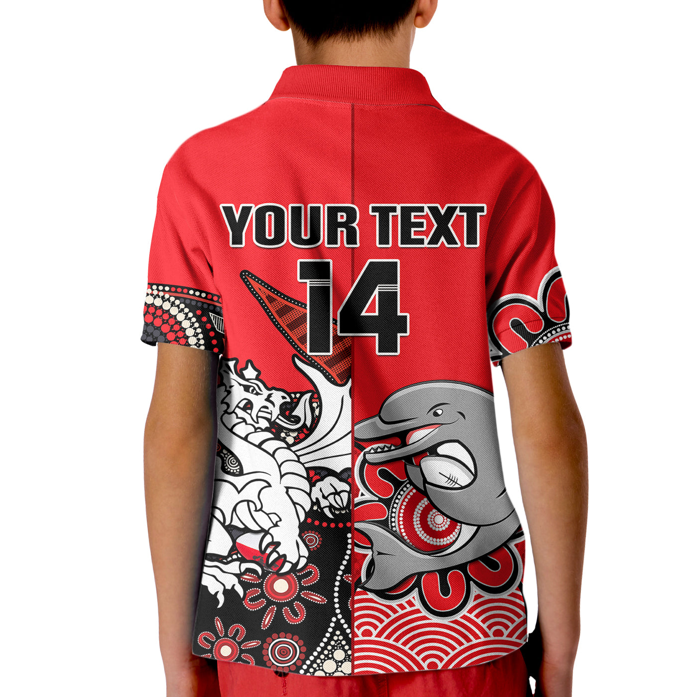 (Custom Text And Number) Dolphins And Dragons Rugby Kid Polo Shirt Together Indigenous - Vibe Hoodie Shop