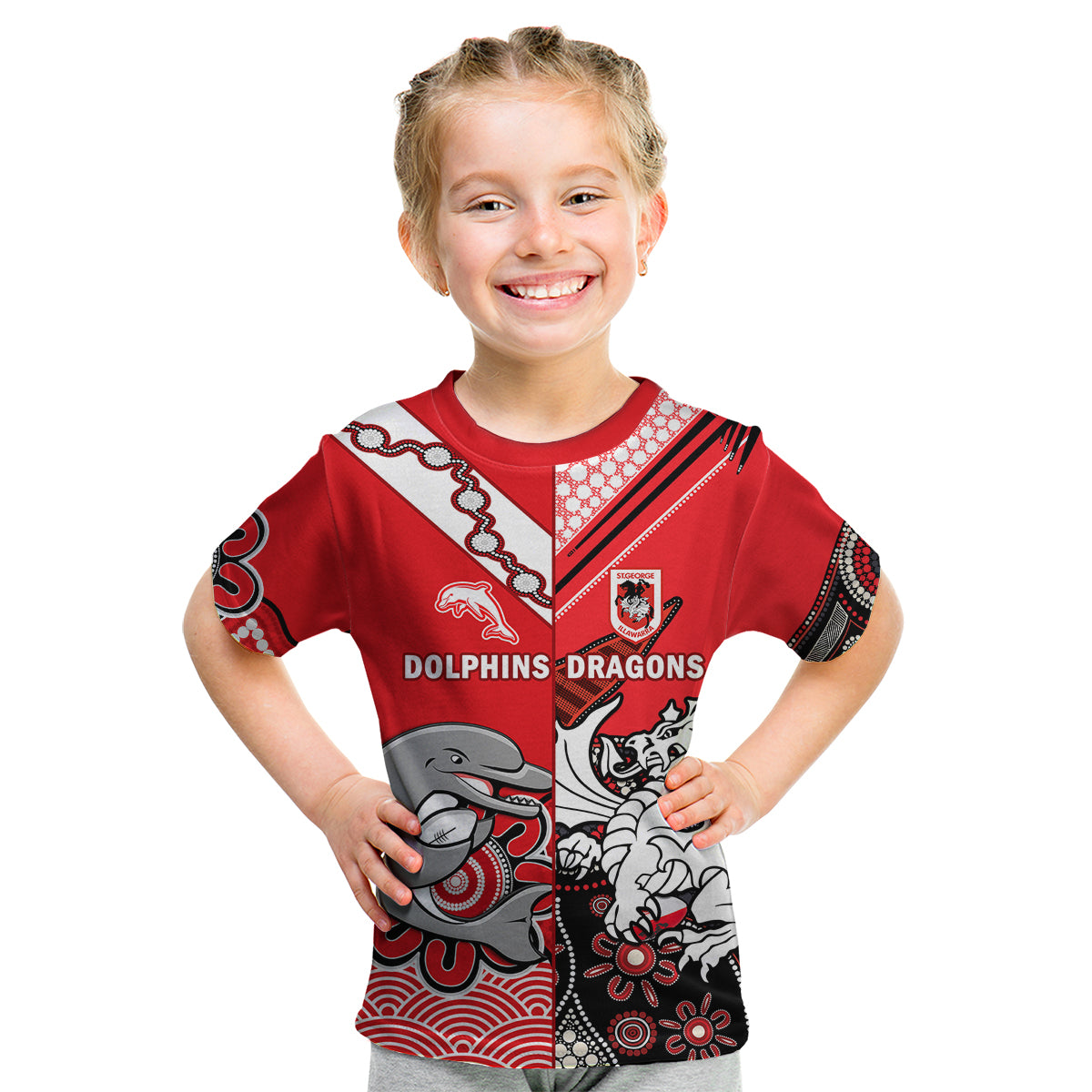 (Custom Text And Number) Dolphins And Dragons Rugby Kid T Shirt Together Indigenous - Vibe Hoodie Shop