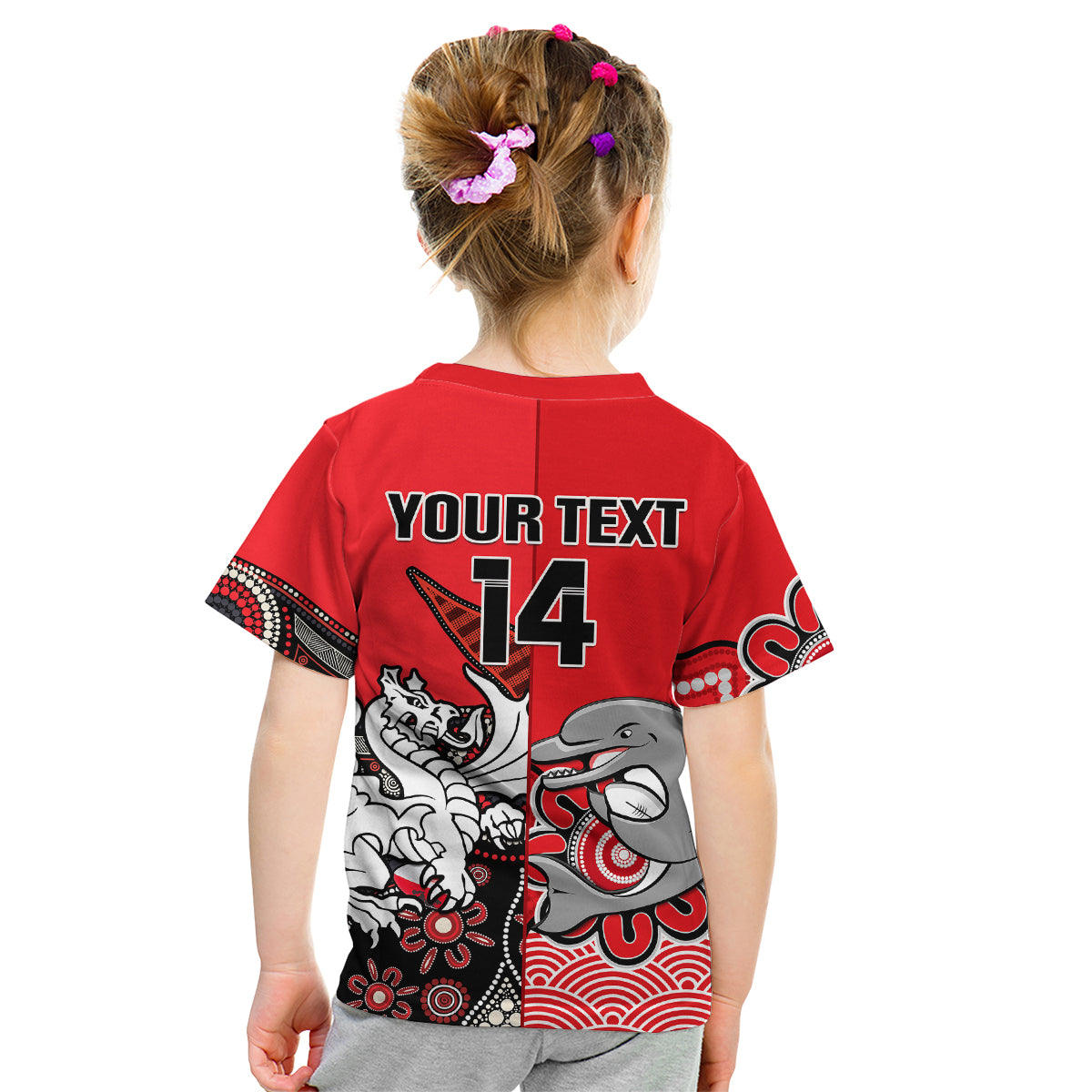 (Custom Text And Number) Dolphins And Dragons Rugby Kid T Shirt Together Indigenous - Vibe Hoodie Shop