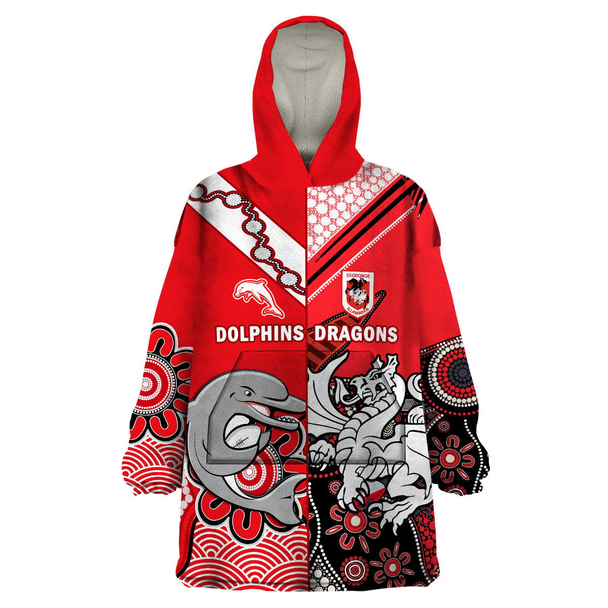 (Custom Text And Number) Dolphins And Dragons Rugby Wearable Blanket Hoodie Together Indigenous - Vibe Hoodie Shop