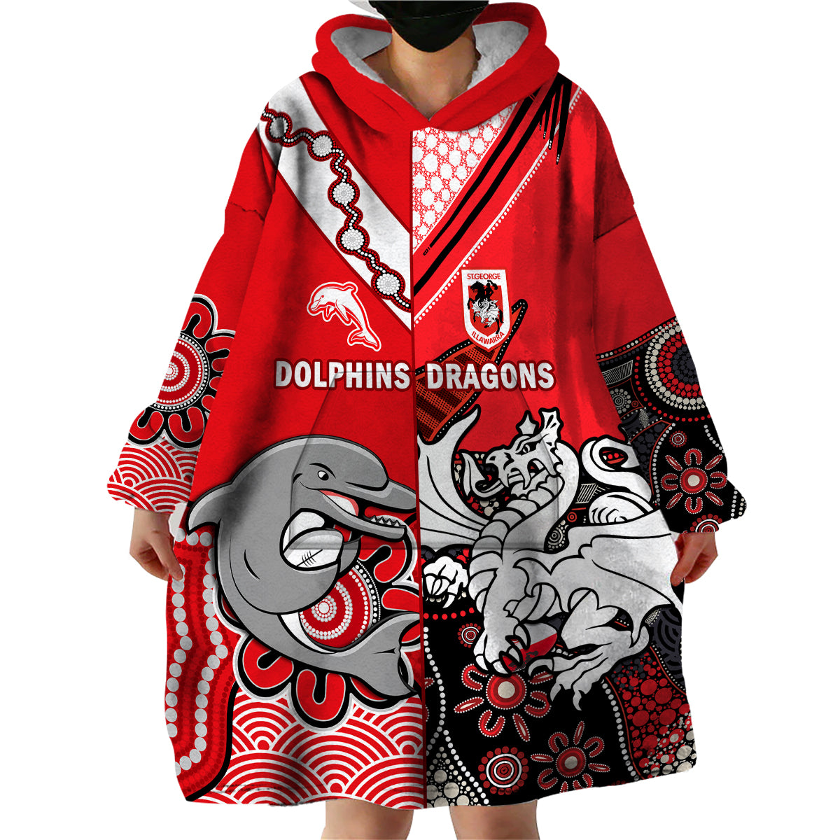 (Custom Text And Number) Dolphins And Dragons Rugby Wearable Blanket Hoodie Together Indigenous - Vibe Hoodie Shop