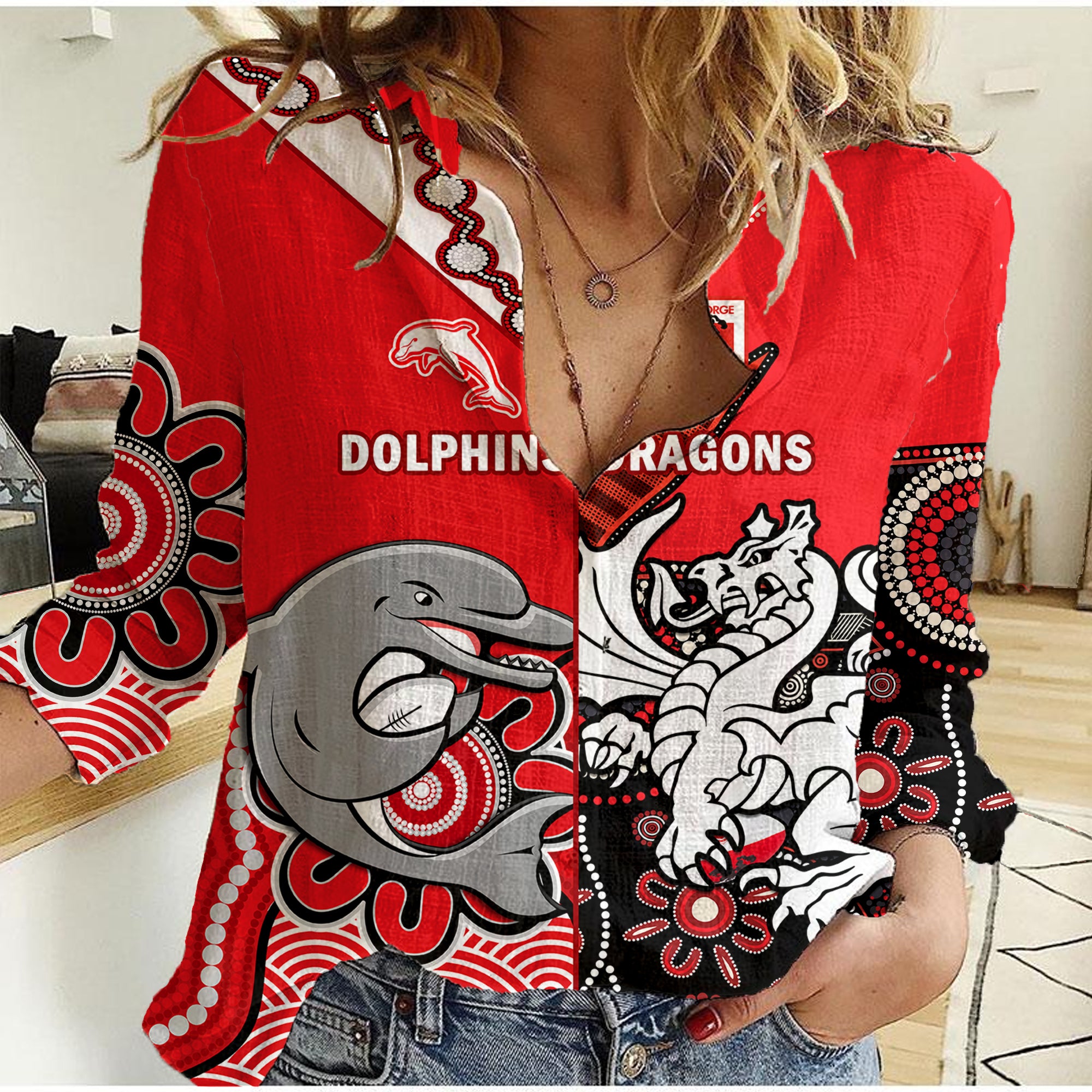 (Custom Text And Number) Dolphins And Dragons Rugby Women Casual Shirt Together Indigenous - Vibe Hoodie Shop