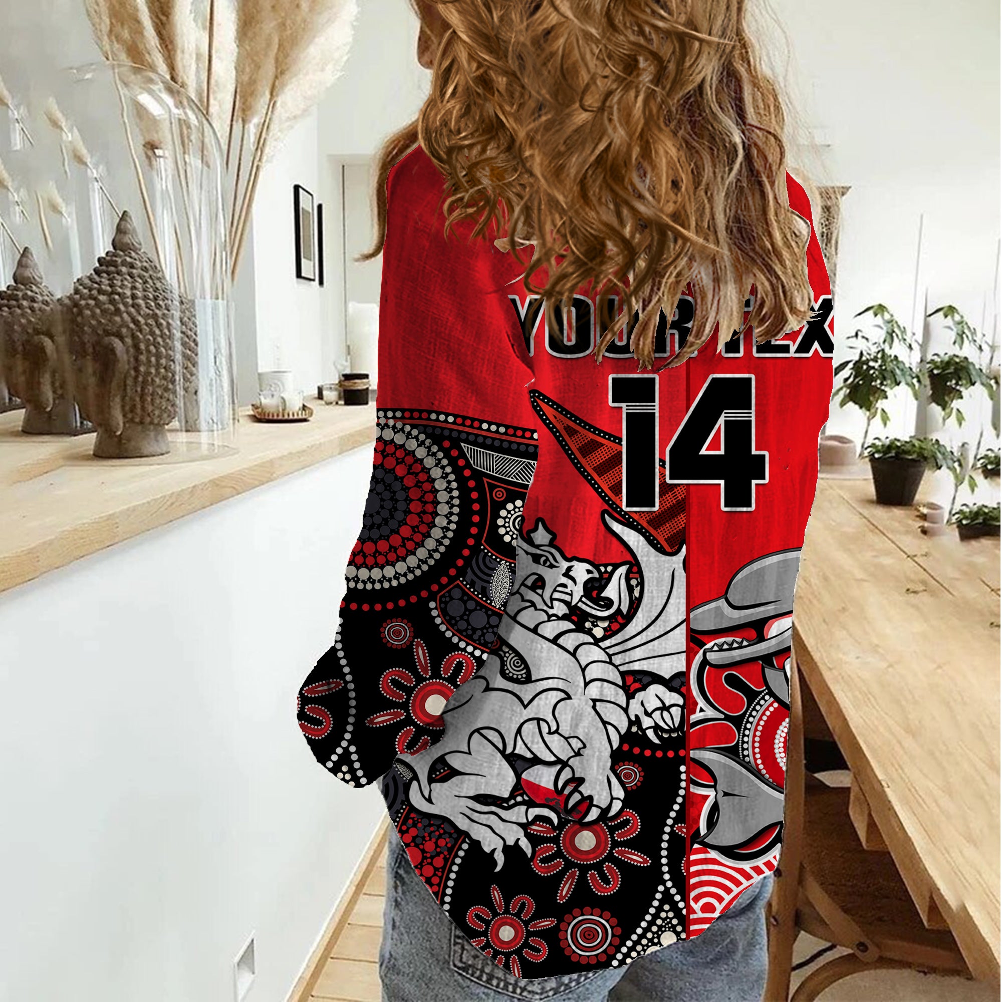 (Custom Text And Number) Dolphins And Dragons Rugby Women Casual Shirt Together Indigenous - Vibe Hoodie Shop