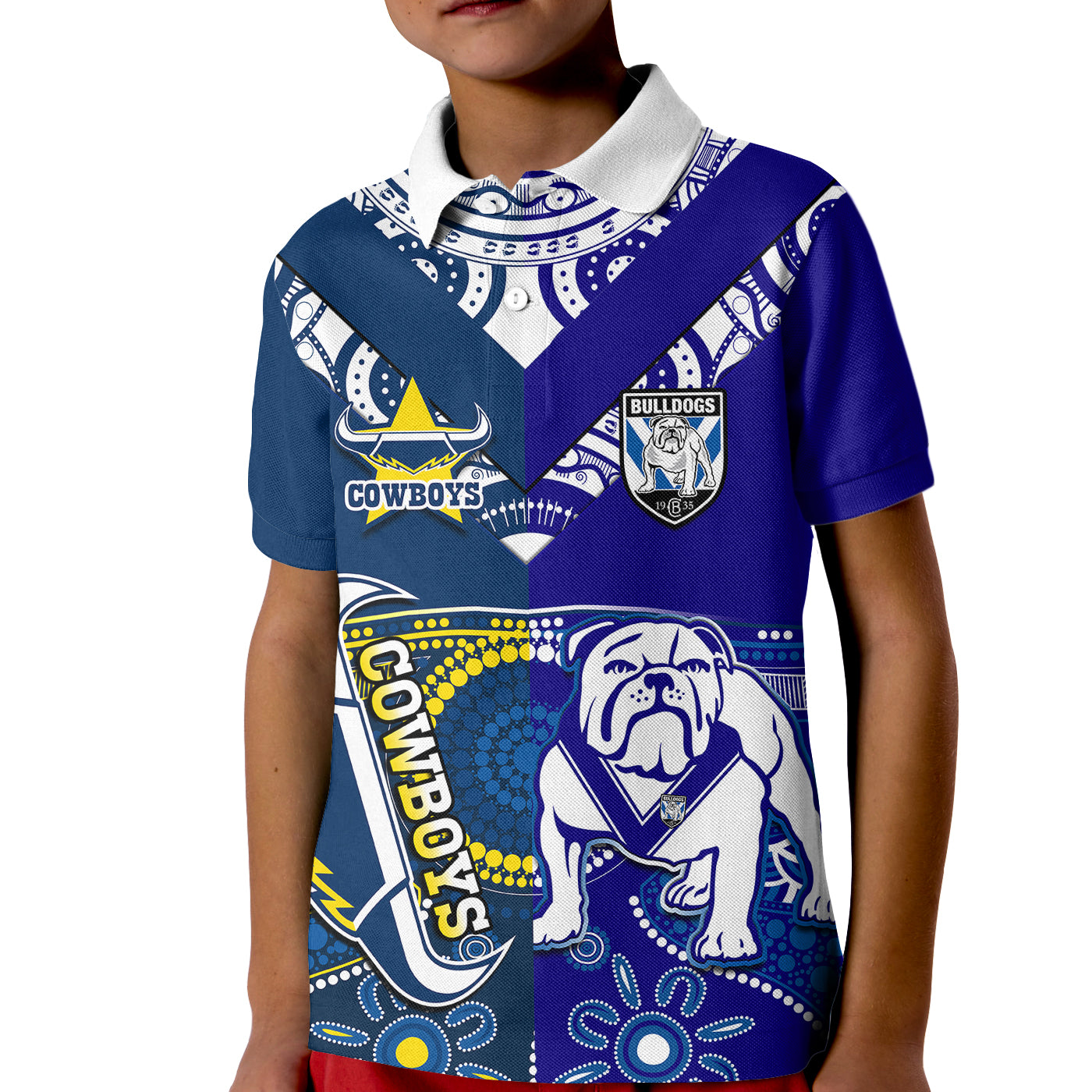 (Custom Text And Number) Bulldogs And Cowboys Rugby Kid Polo Shirt Together Indigenous - Vibe Hoodie Shop