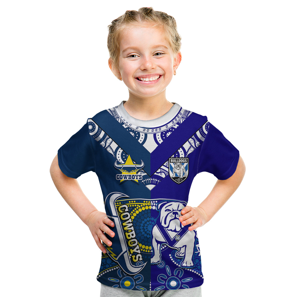 (Custom Text And Number) Bulldogs And Cowboys Rugby Kid T Shirt Together Indigenous - Vibe Hoodie Shop