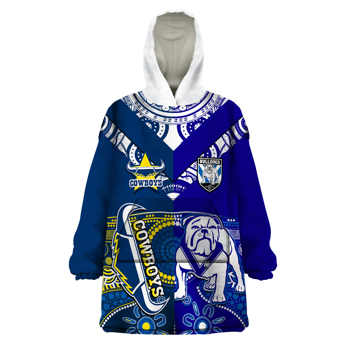 (Custom Text And Number) Bulldogs And Cowboys Rugby Wearable Blanket Hoodie Together Indigenous - Vibe Hoodie Shop