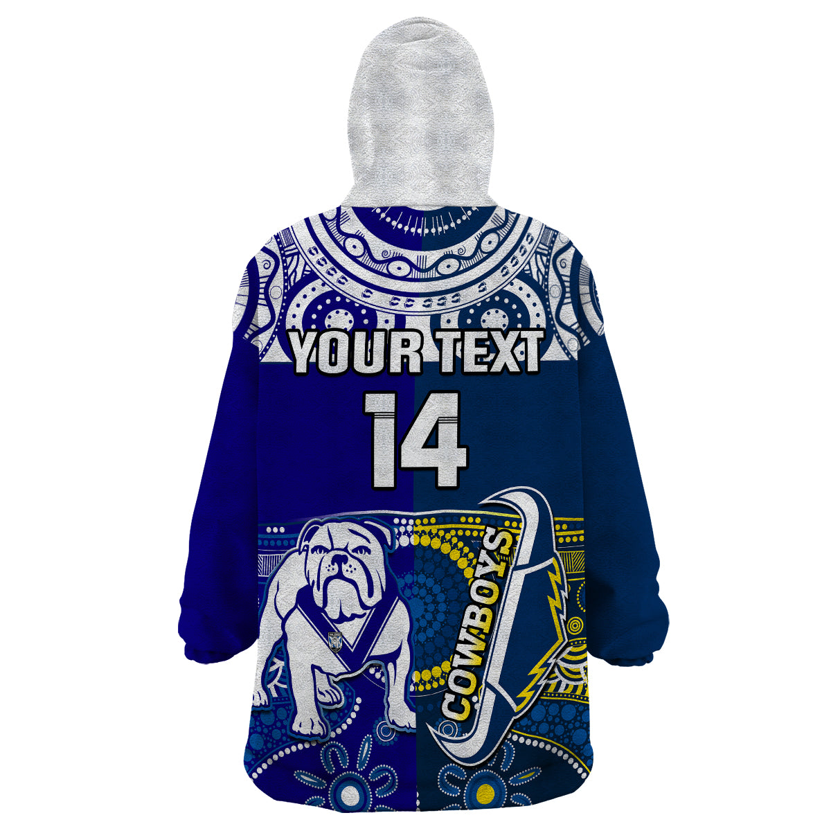 (Custom Text And Number) Bulldogs And Cowboys Rugby Wearable Blanket Hoodie Together Indigenous - Vibe Hoodie Shop