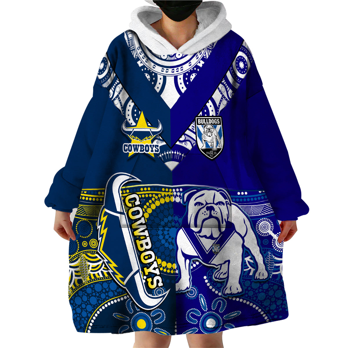 (Custom Text And Number) Bulldogs And Cowboys Rugby Wearable Blanket Hoodie Together Indigenous - Vibe Hoodie Shop