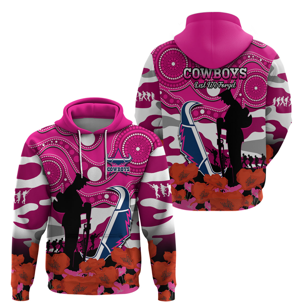 Cowboys Rugby ANZAC 2023 Hoodie Poppy Mix Aboriginal Magenta Version - Vibe Hoodie Shop