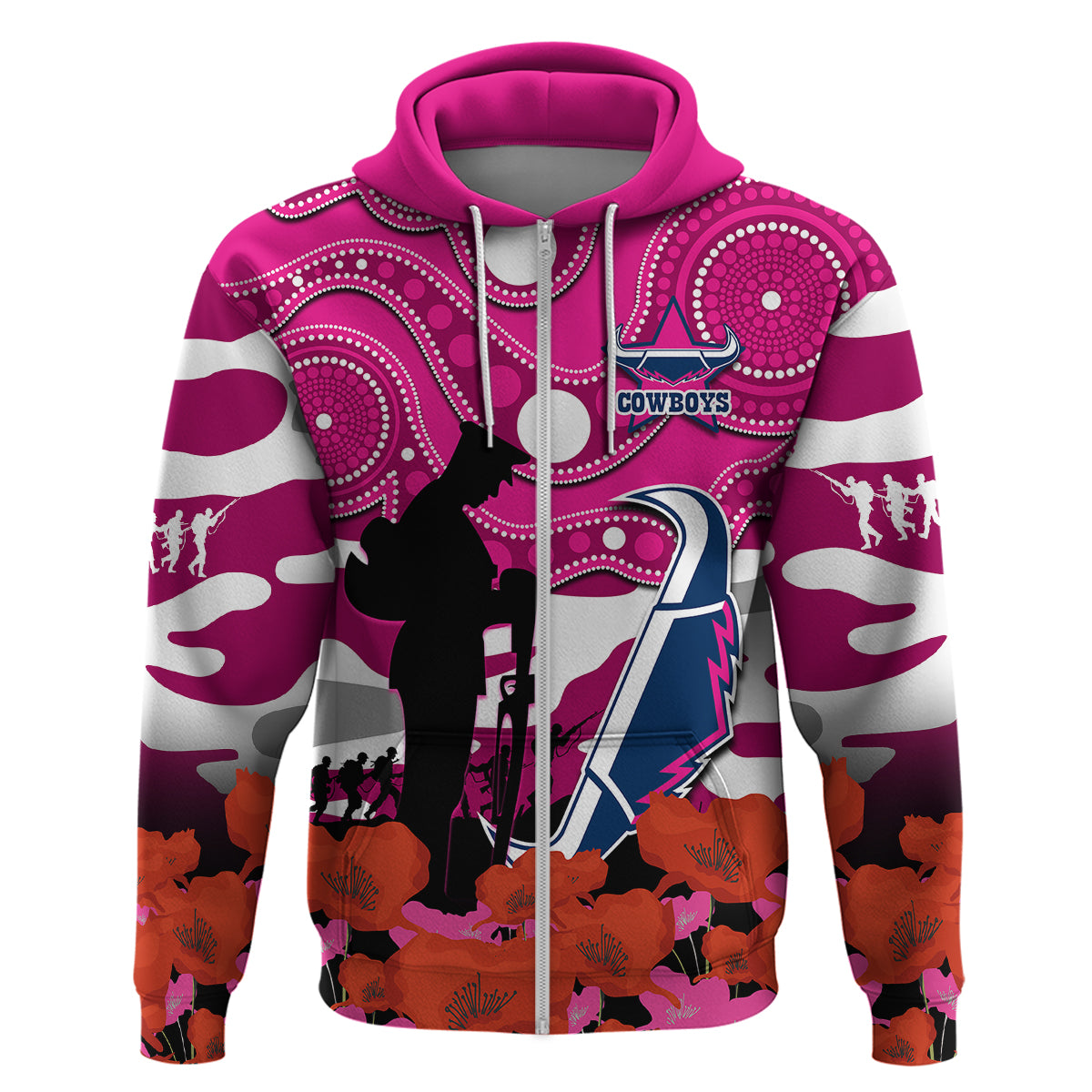 Cowboys Rugby ANZAC 2023 Hoodie Poppy Mix Aboriginal Magenta Version - Vibe Hoodie Shop