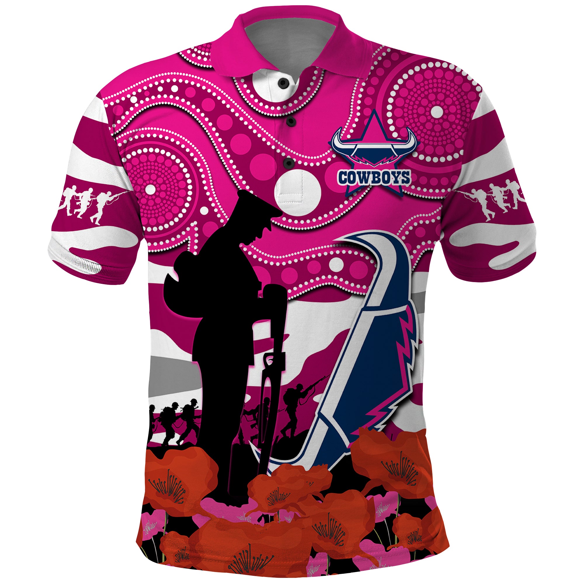 Cowboys Rugby ANZAC 2023 Polo Shirt Poppy Mix Aboriginal Magenta Version - Vibe Hoodie Shop