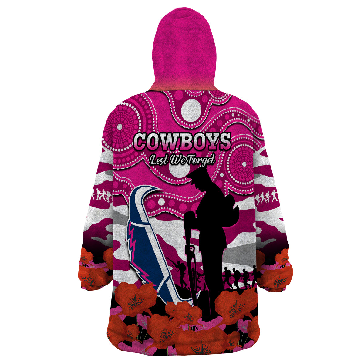 Cowboys Rugby ANZAC 2023 Wearable Blanket Hoodie Poppy Mix Aboriginal Magenta Version - Vibe Hoodie Shop