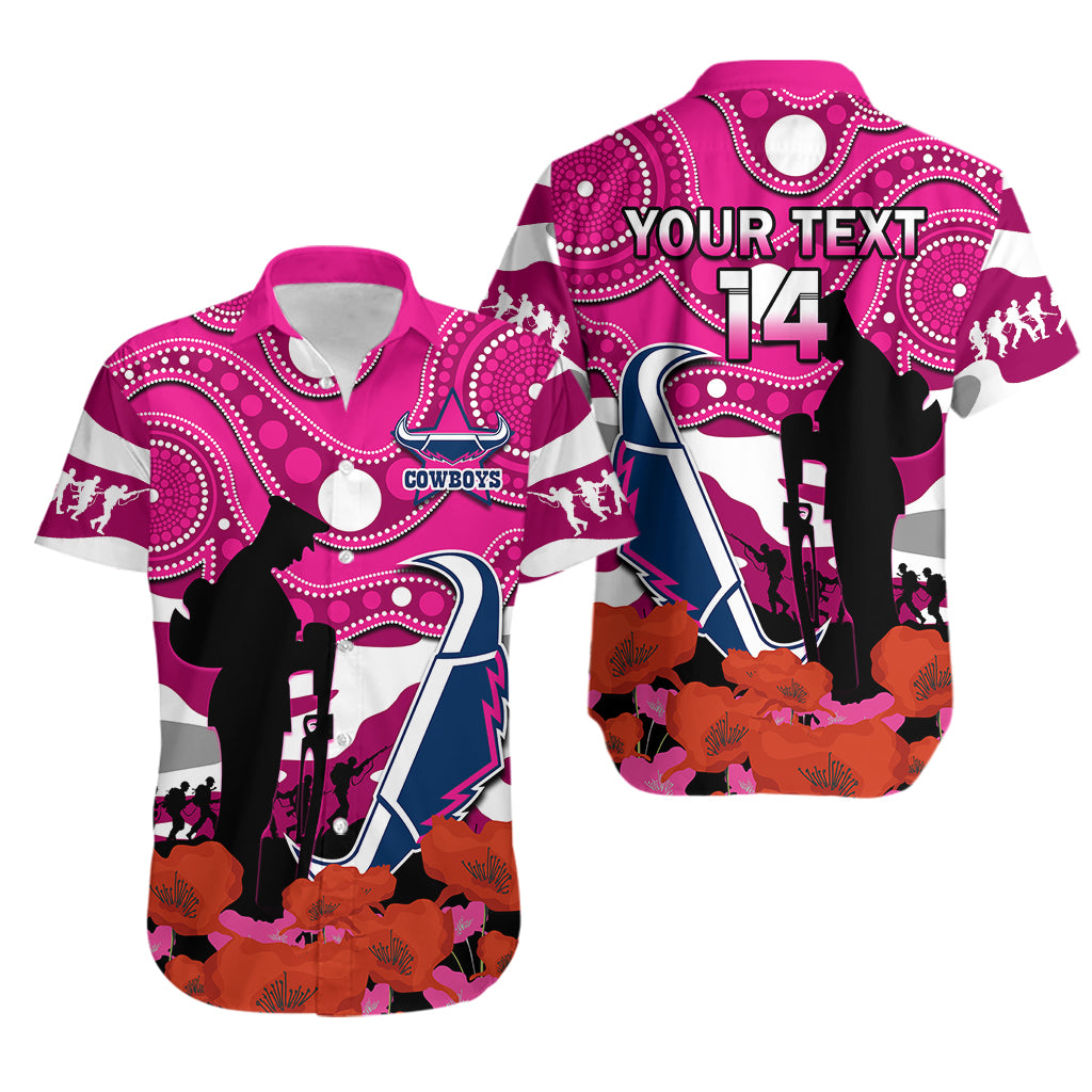 (Custom Text And Number) Cowboys Rugby ANZAC 2023 Hawaiian Shirt Poppy Mix Aboriginal Magenta Version - Vibe Hoodie Shop