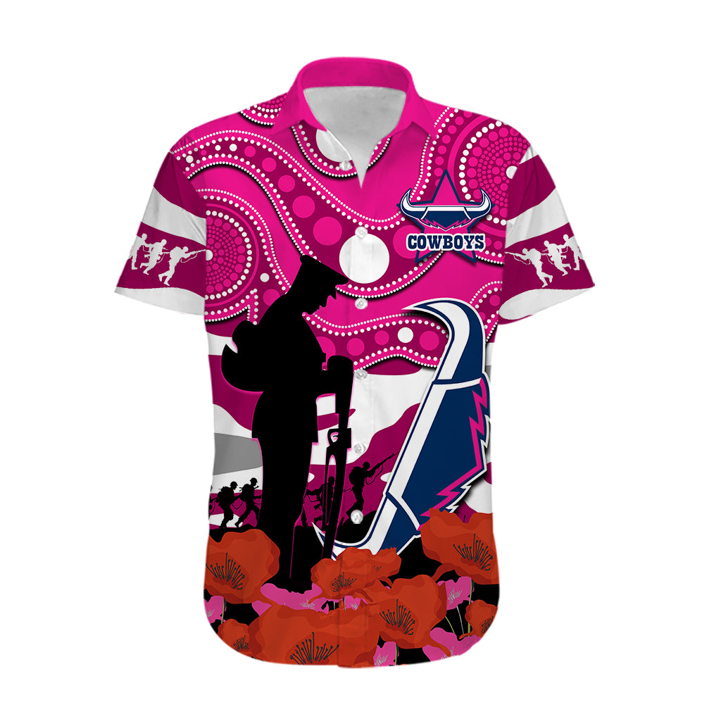 (Custom Text And Number) Cowboys Rugby ANZAC 2023 Hawaiian Shirt Poppy Mix Aboriginal Magenta Version - Vibe Hoodie Shop