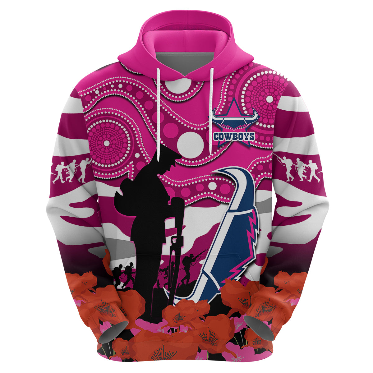 (Custom Text And Number) Cowboys Rugby ANZAC 2023 Hoodie Poppy Mix Aboriginal Magenta Version - Vibe Hoodie Shop