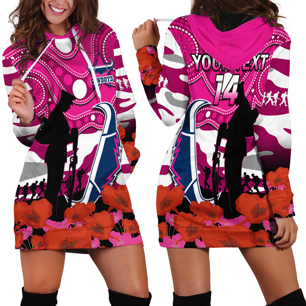 (Custom Text And Number) Cowboys Rugby ANZAC 2023 Hoodie Dress Poppy Mix Aboriginal Magenta Version - Vibe Hoodie Shop