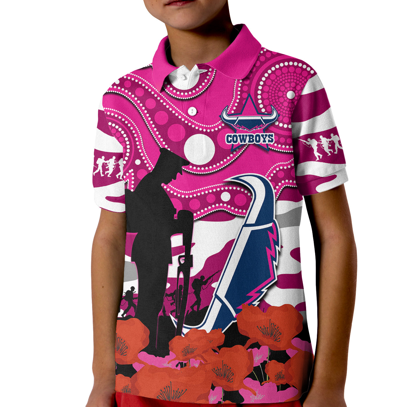 (Custom Text And Number) Cowboys Rugby ANZAC 2023 Kid Polo Shirt Poppy Mix Aboriginal Magenta Version - Vibe Hoodie Shop