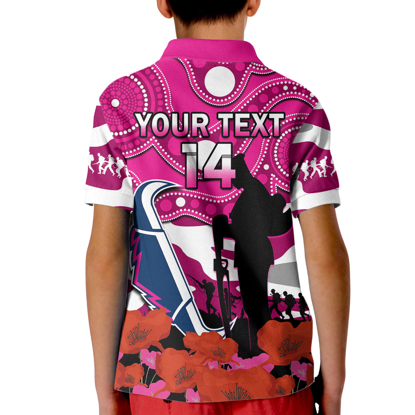 (Custom Text And Number) Cowboys Rugby ANZAC 2023 Kid Polo Shirt Poppy Mix Aboriginal Magenta Version - Vibe Hoodie Shop