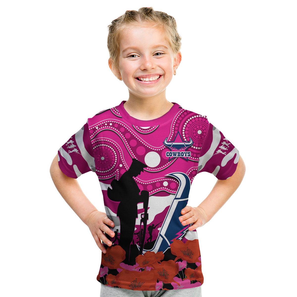 (Custom Text And Number) Cowboys Rugby ANZAC 2023 Kid T Shirt Poppy Mix Aboriginal Magenta Version - Vibe Hoodie Shop