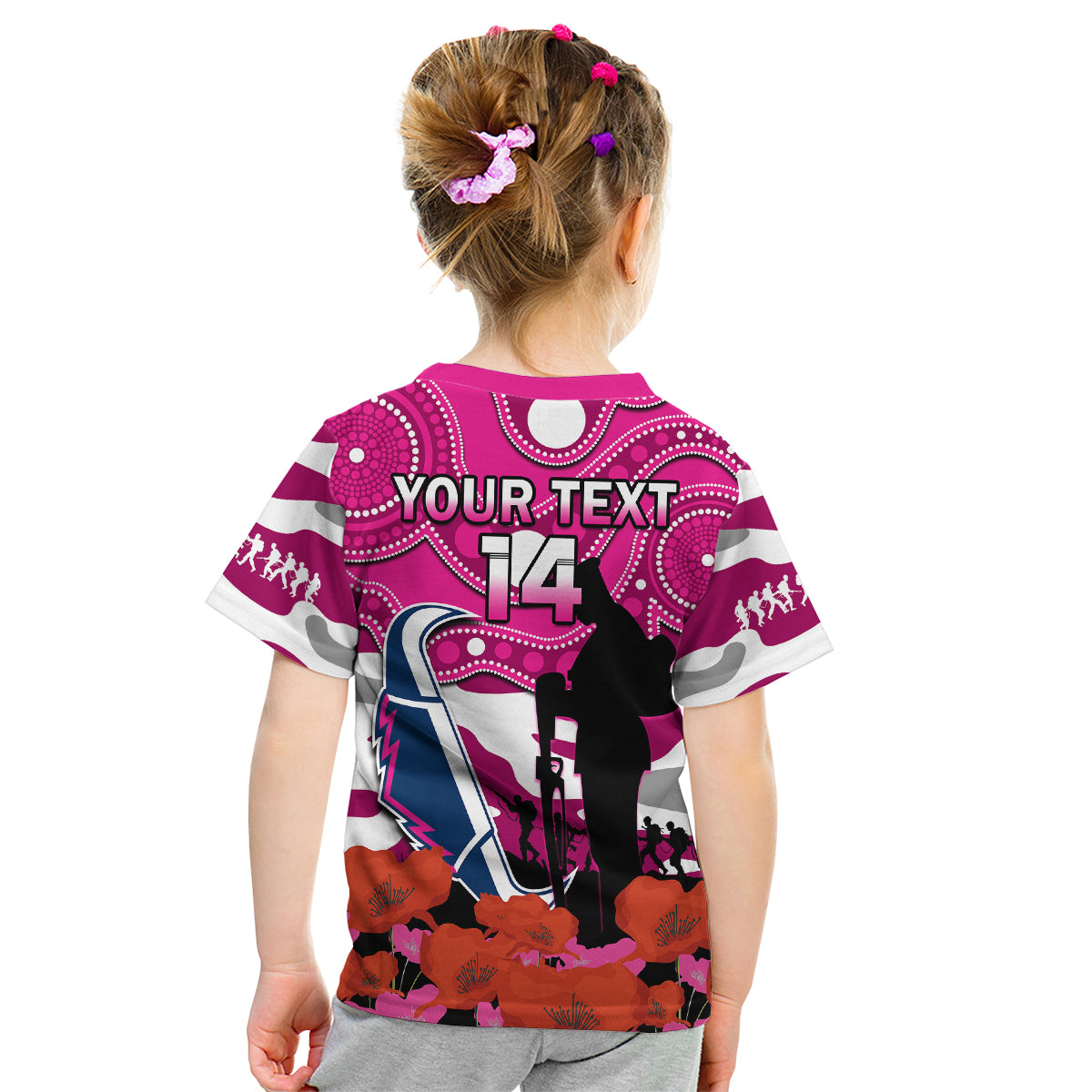 (Custom Text And Number) Cowboys Rugby ANZAC 2023 Kid T Shirt Poppy Mix Aboriginal Magenta Version - Vibe Hoodie Shop