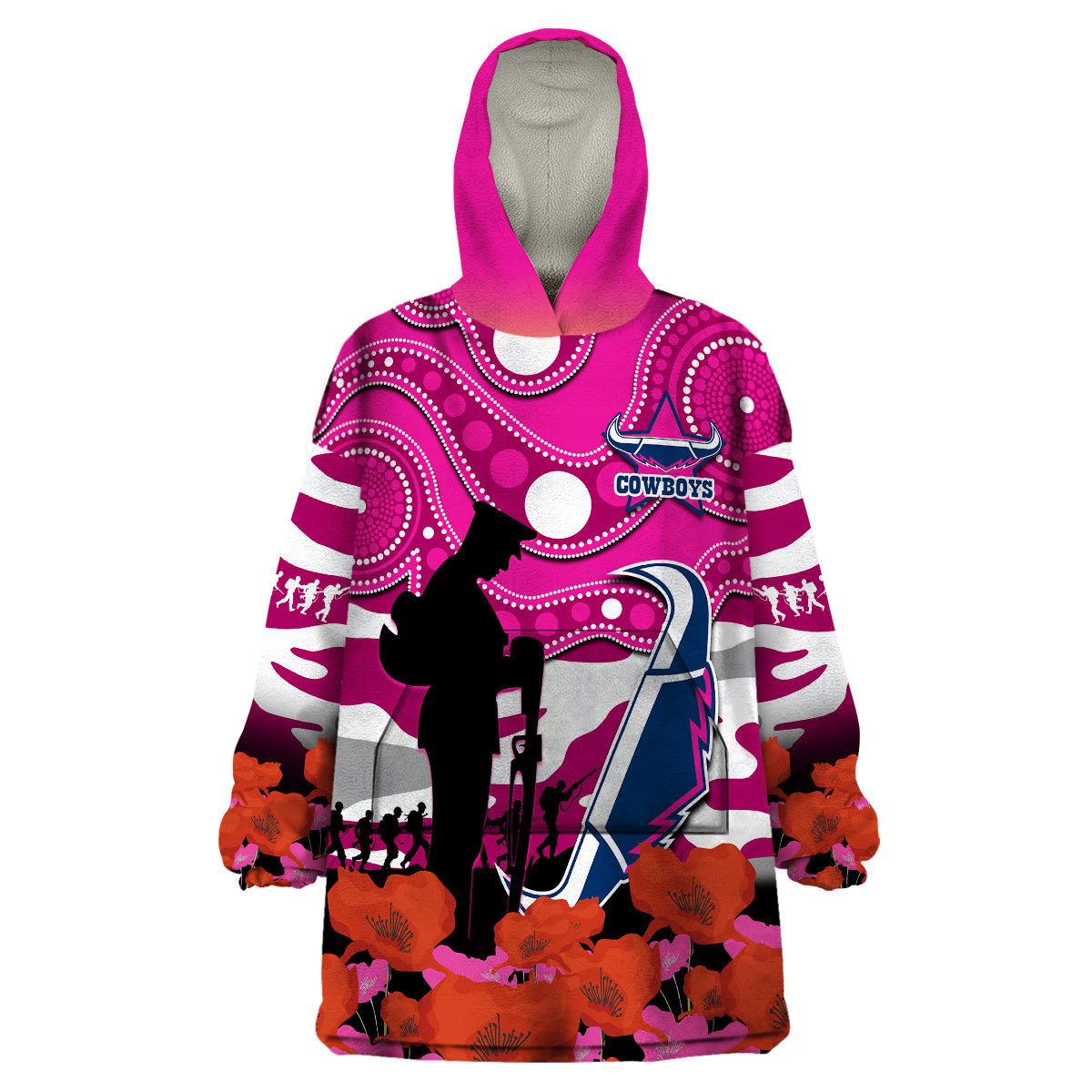 (Custom Text And Number) Cowboys Rugby ANZAC 2023 Wearable Blanket Hoodie Poppy Mix Aboriginal Magenta Version - Vibe Hoodie Shop