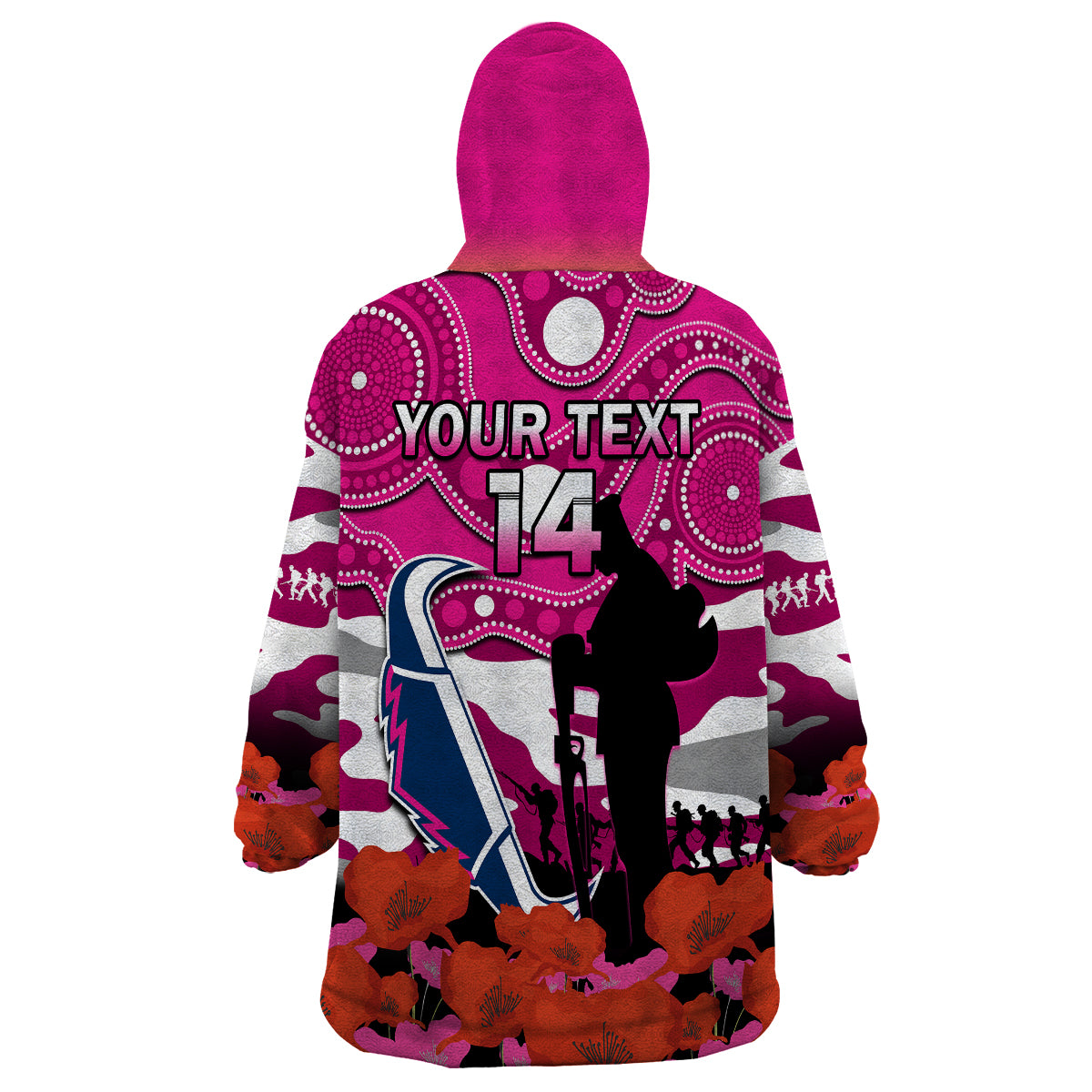 (Custom Text And Number) Cowboys Rugby ANZAC 2023 Wearable Blanket Hoodie Poppy Mix Aboriginal Magenta Version - Vibe Hoodie Shop