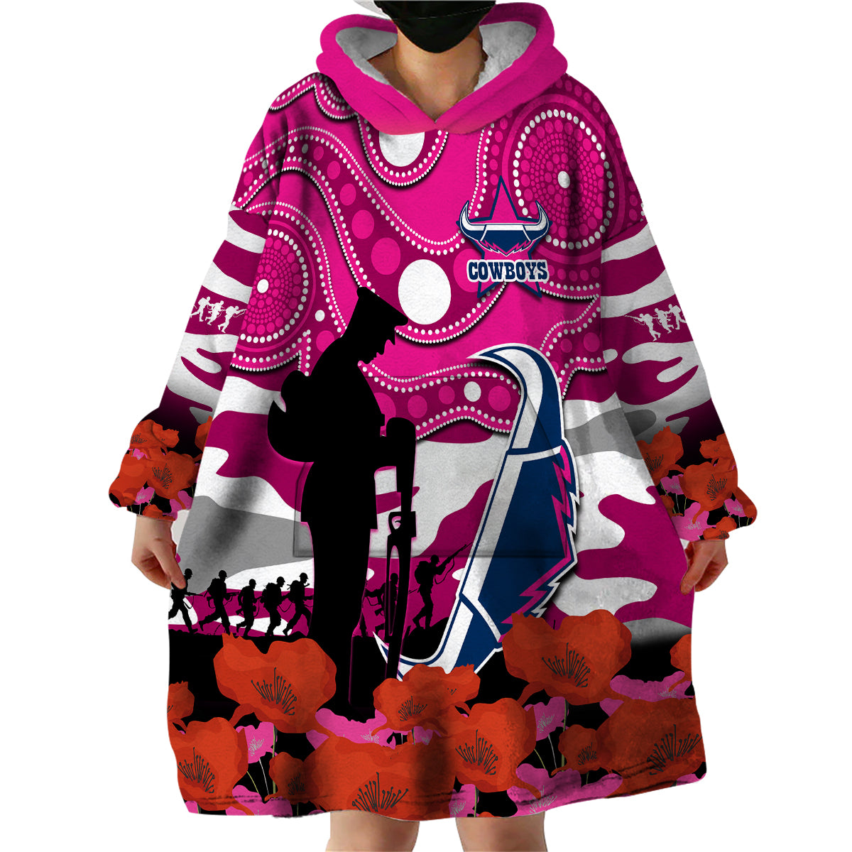 (Custom Text And Number) Cowboys Rugby ANZAC 2023 Wearable Blanket Hoodie Poppy Mix Aboriginal Magenta Version - Vibe Hoodie Shop