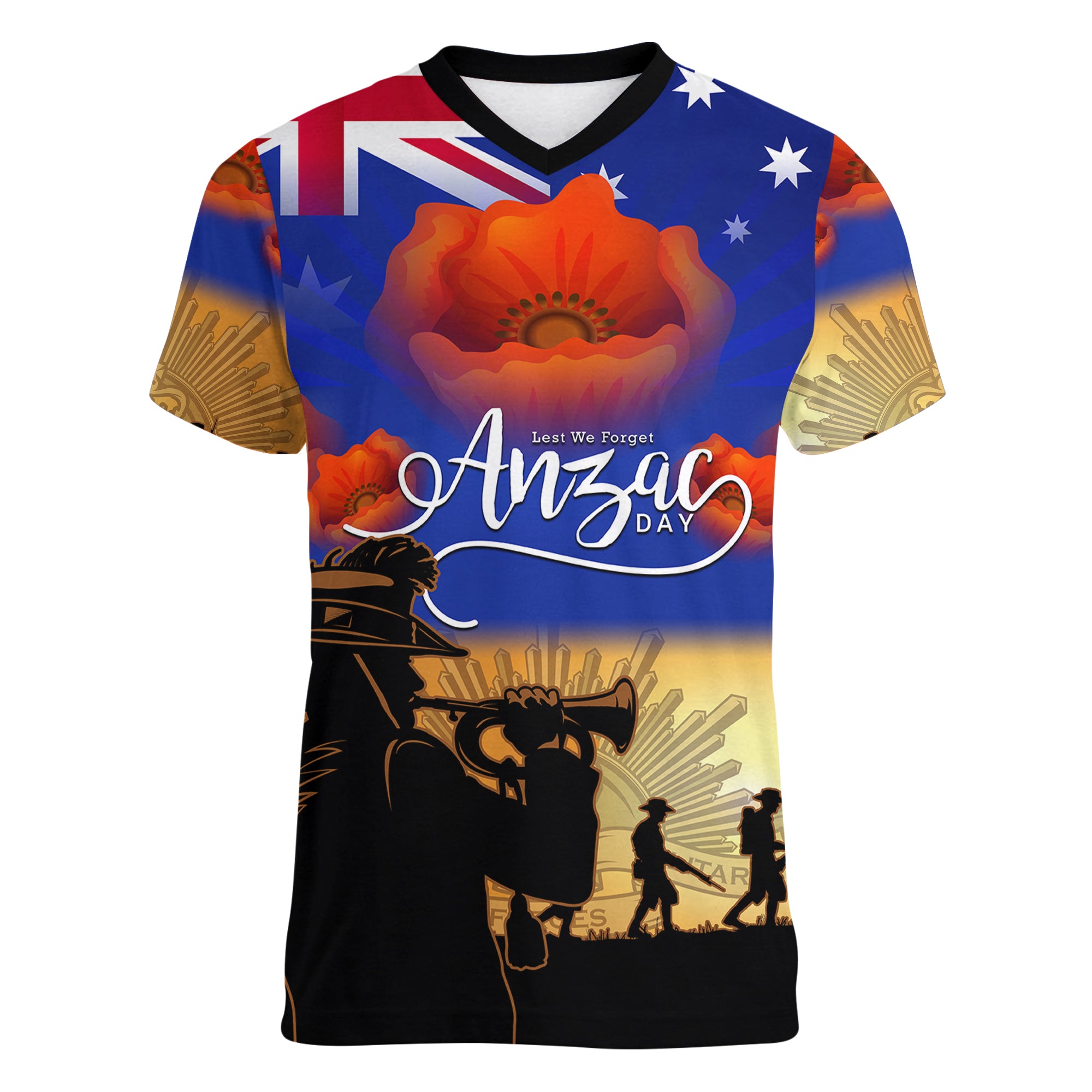 Aussie ANZAC Women V Neck T Shirt Australian Army Poppy Mix Flag - Vibe Hoodie Shop