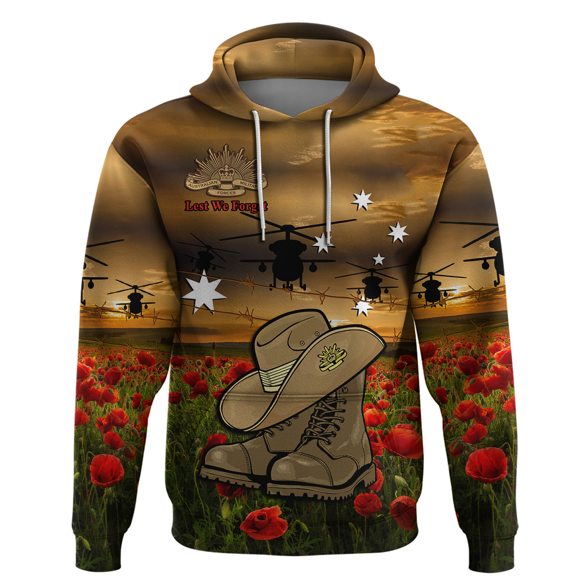 Australian ANZAC Hoodie Slouch Hat And Army Boots With Poppy - Vibe Hoodie Shop