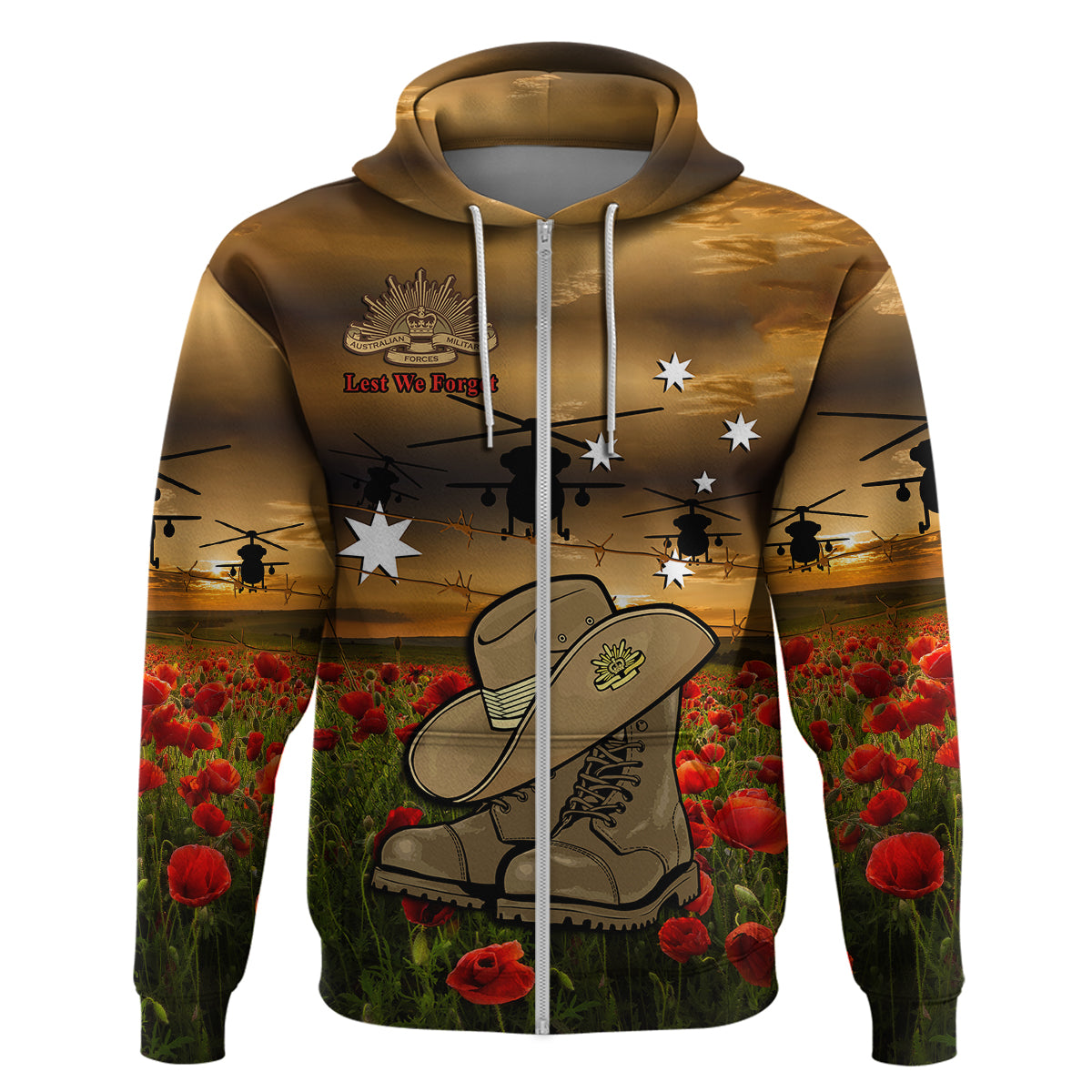 Australian ANZAC Hoodie Slouch Hat And Army Boots With Poppy - Vibe Hoodie Shop