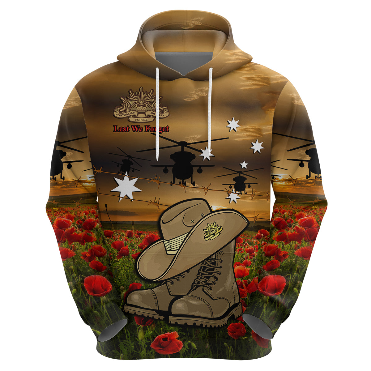 Australian ANZAC Hoodie Slouch Hat And Army Boots With Poppy - Vibe Hoodie Shop