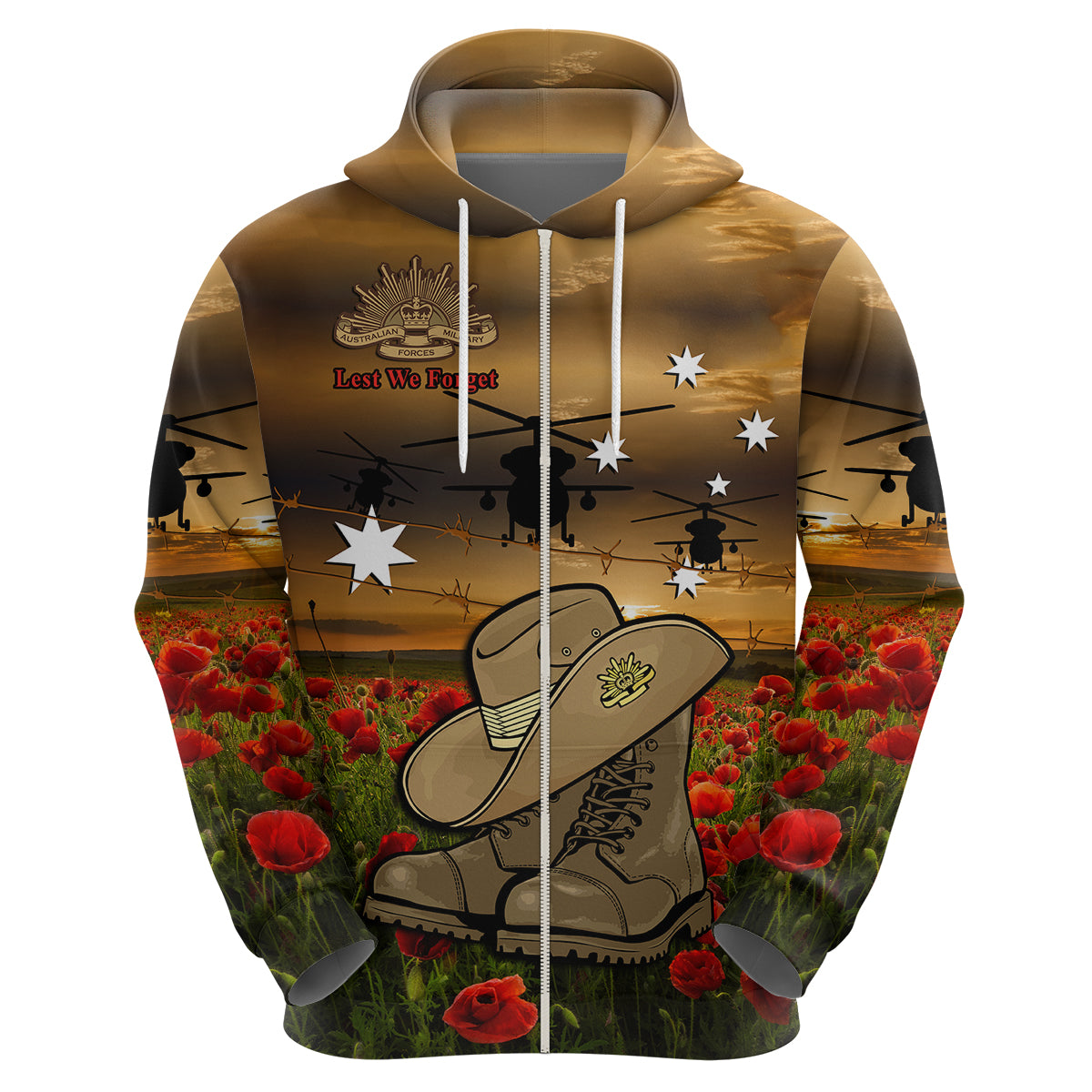 Australian ANZAC Hoodie Slouch Hat And Army Boots With Poppy - Vibe Hoodie Shop